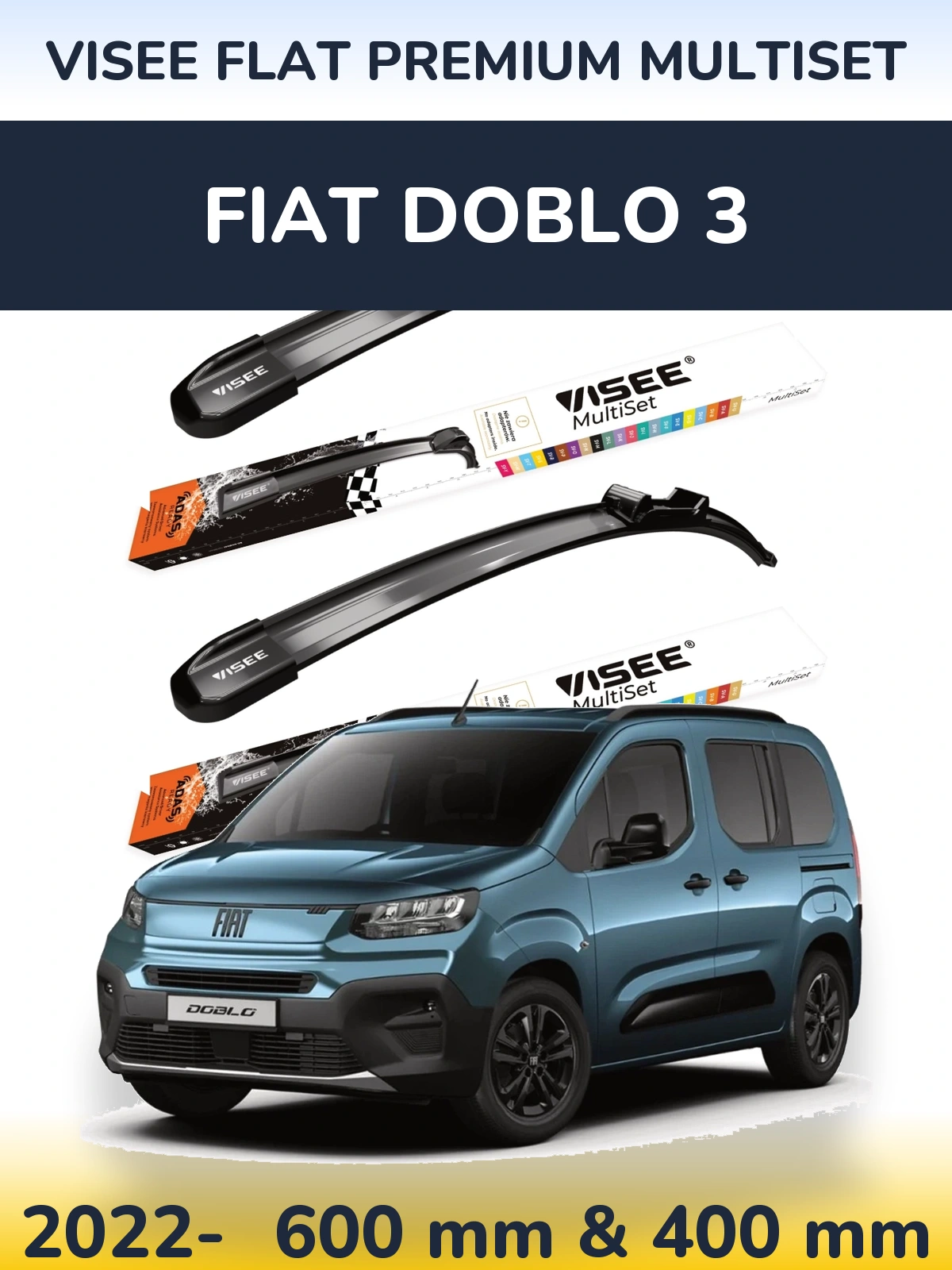 Комплект передніх щіток VISEE FLAT PREMIUM MultiSet 600 & 400 мм для Fiat Doblo 3 2022-2026