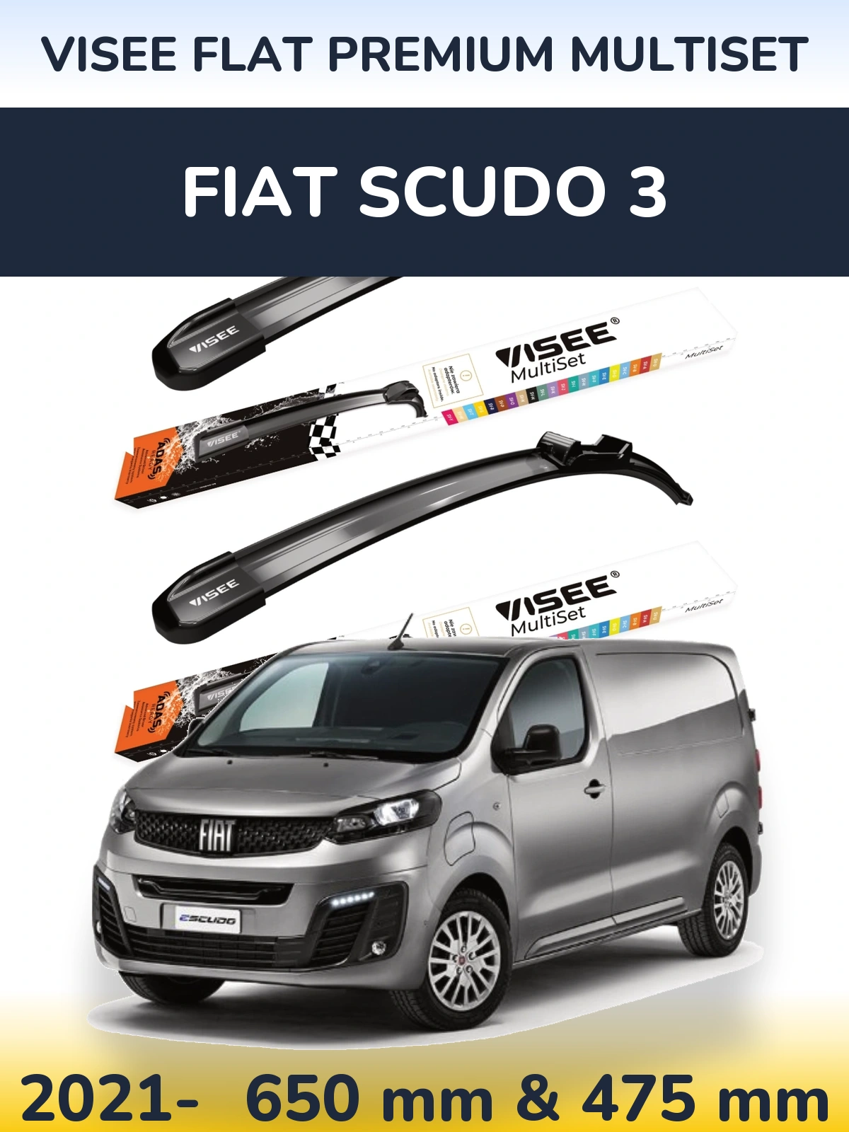 Front wiper blade set VISEE FLAT PREMIUM MultiSet 650 & 475 мм for Fiat Scudo 3 2021-2026