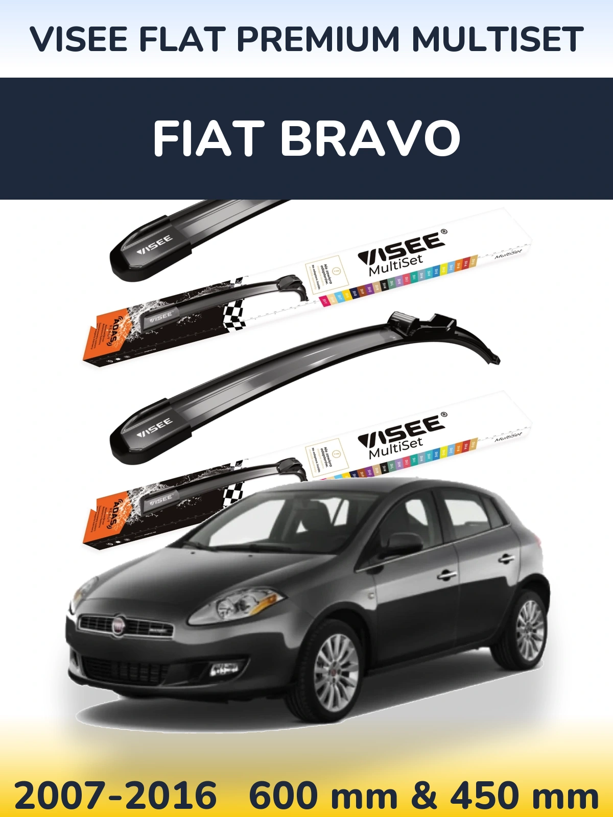 Комплект передніх щіток VISEE FLAT PREMIUM MultiSet 600 & 450 мм для Fiat Bravo 2007-2016