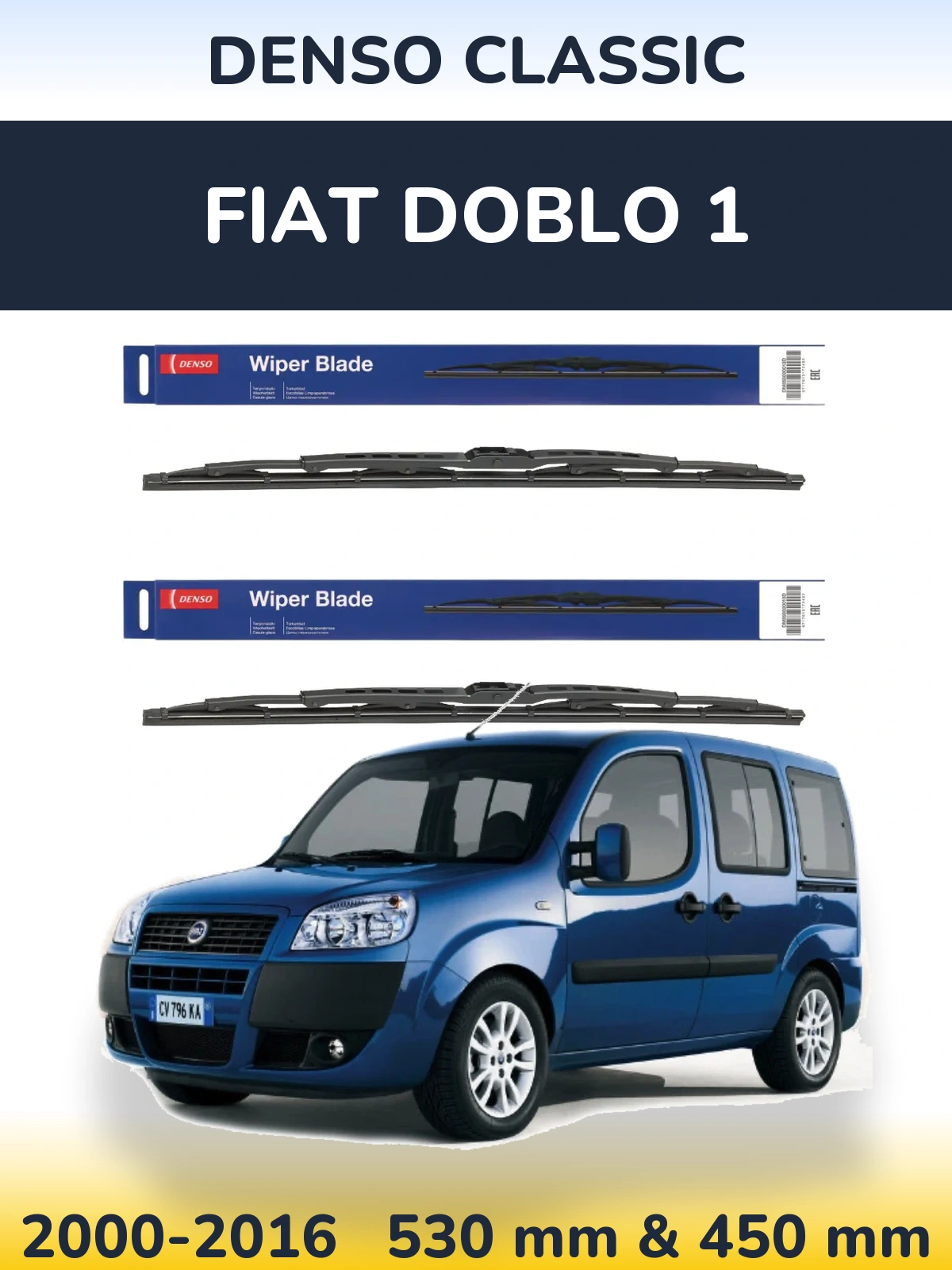 Front wiper blade set Denso Classic 530 & 450 мм for Fiat Doblo 1 2000-2016