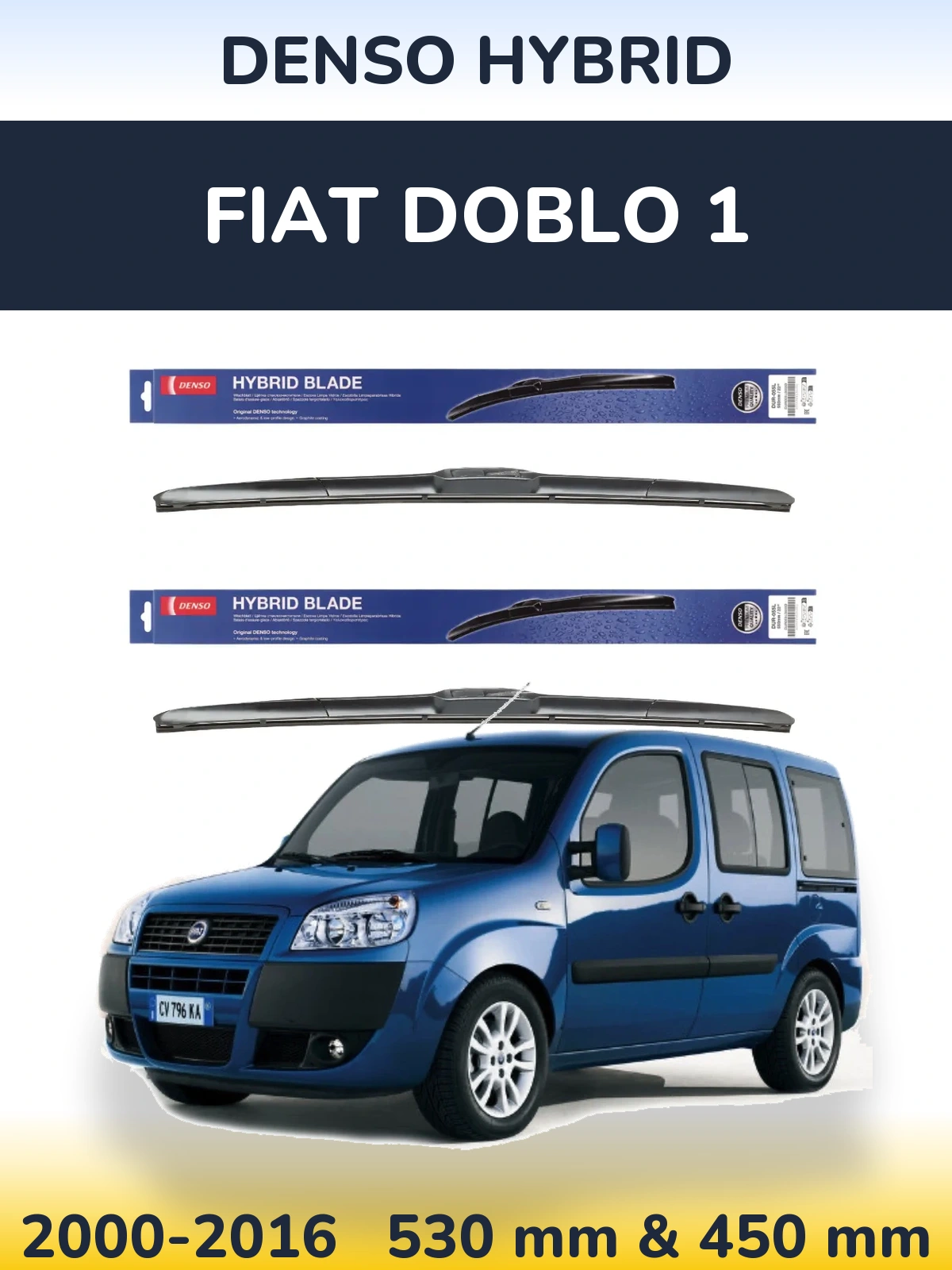 Front wiper blade set Denso Hybrid 530 & 450 мм for Fiat Doblo 1 2000-2016