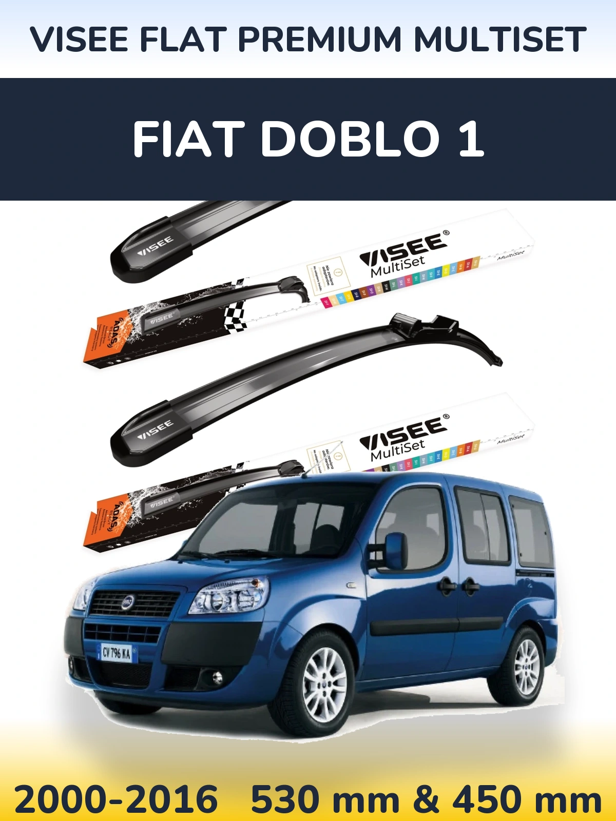 Комплект передніх щіток VISEE FLAT PREMIUM MultiSet 530 & 450 мм для Fiat Doblo 1 2000-2016