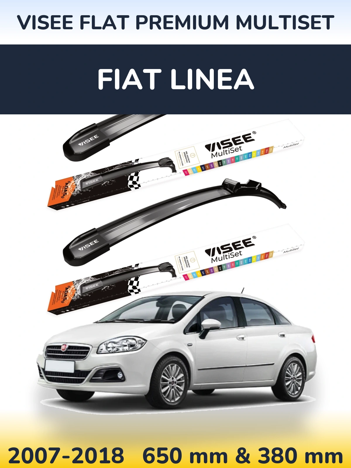 Комплект передних дворников VISEE FLAT PREMIUM MultiSet 650 & 380 мм для Fiat Linea 2007-2018