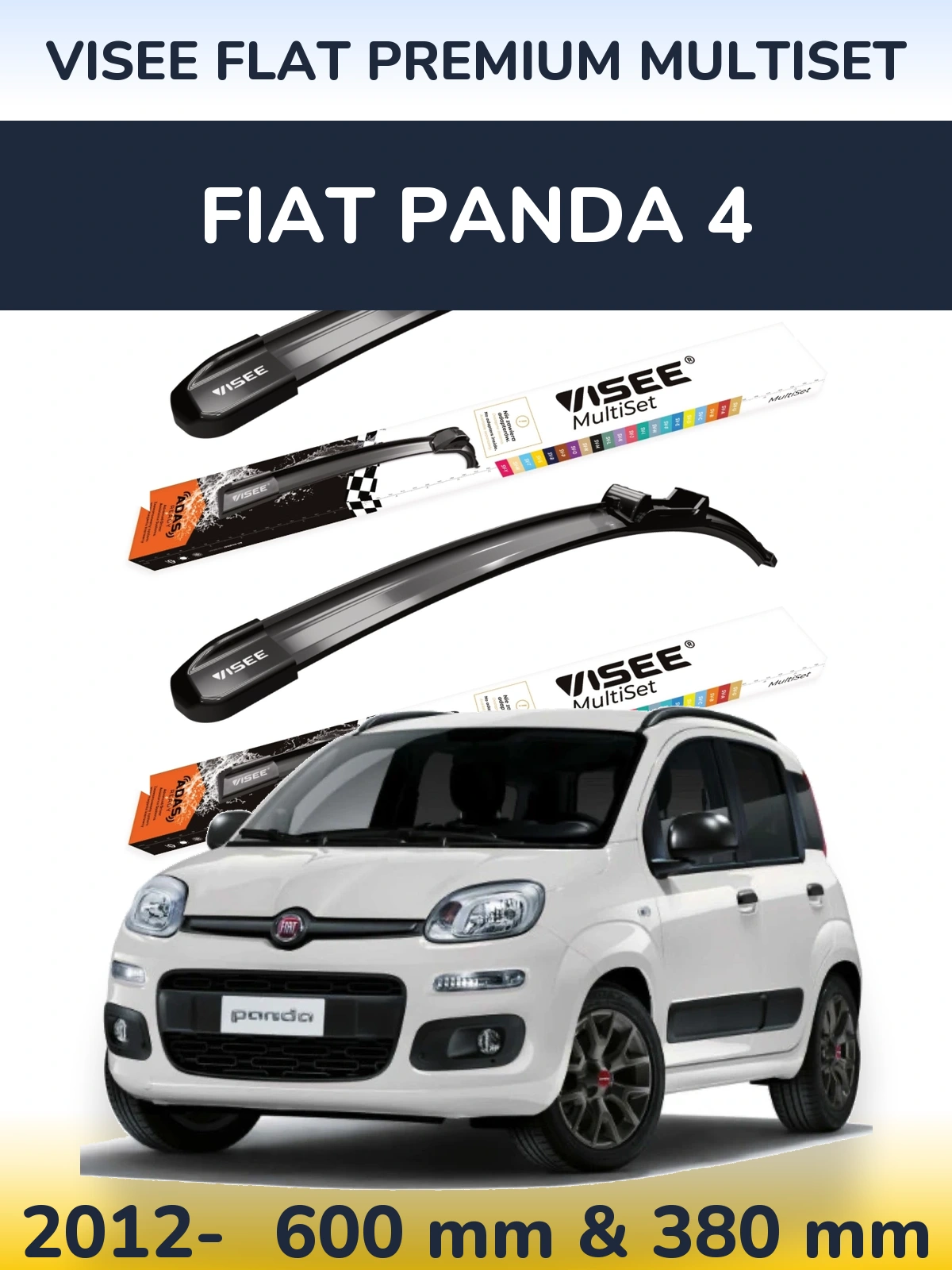 Komplet przednich wycieraczek VISEE FLAT PREMIUM MultiSet 600 & 380 mm do Fiat Panda 4 2012-2026