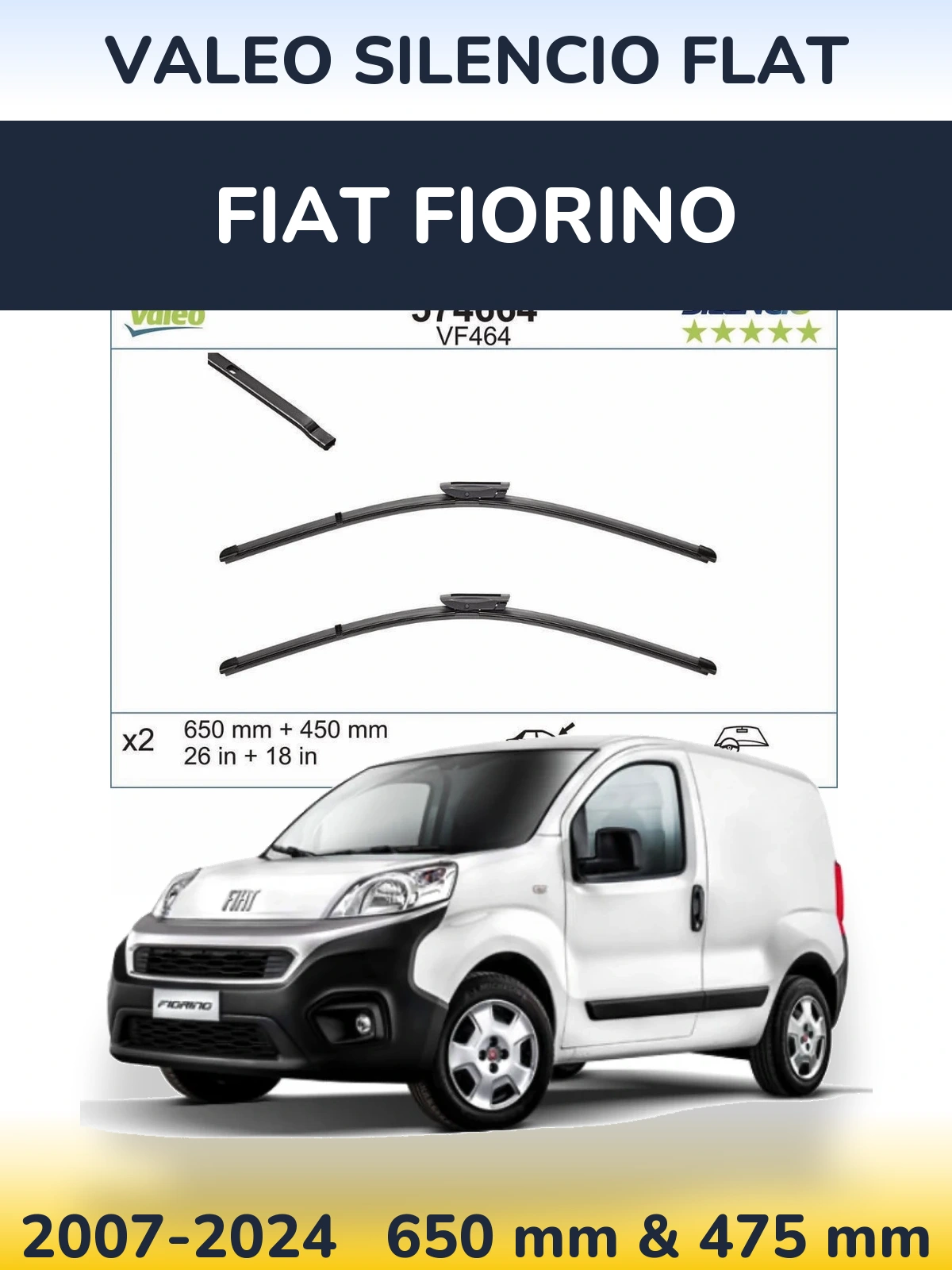 Front wiper blade set Valeo Silencio Flat 650 & 450 мм for Fiat Fiorino 2007-2024