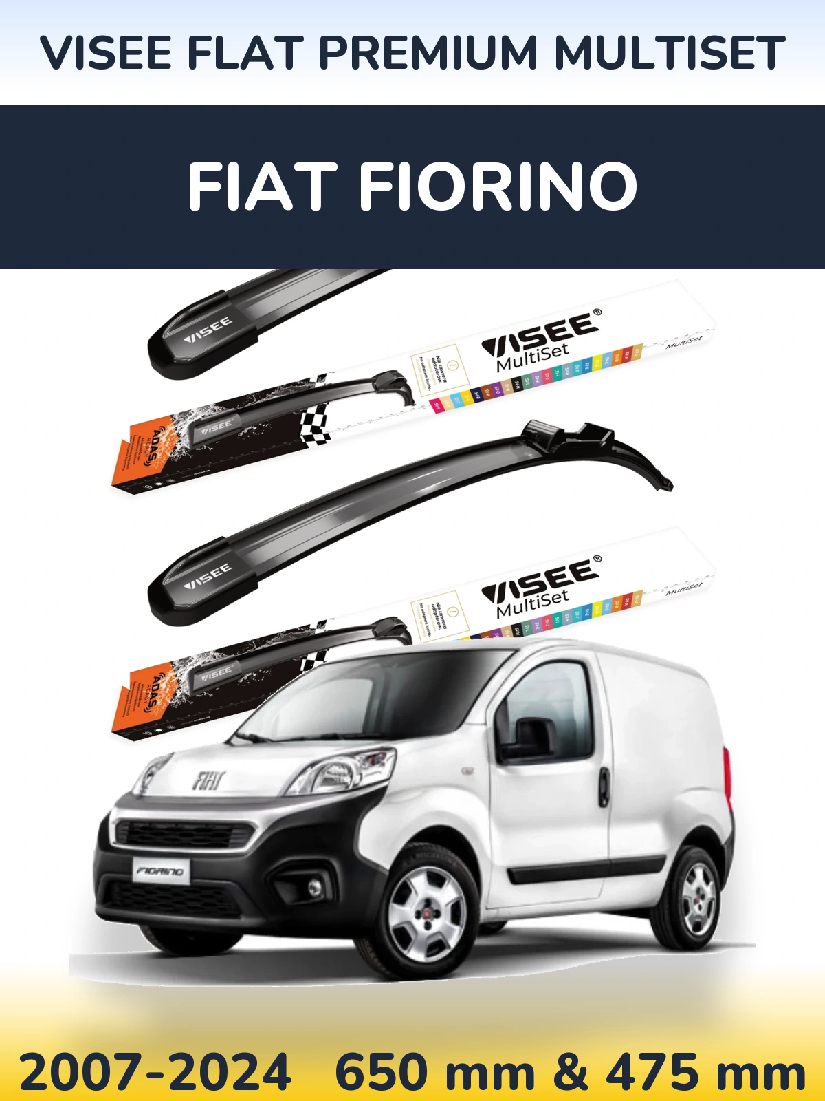 Комплект передних дворников VISEE FLAT PREMIUM MultiSet 650 & 475 мм для Fiat Fiorino 2007-2024