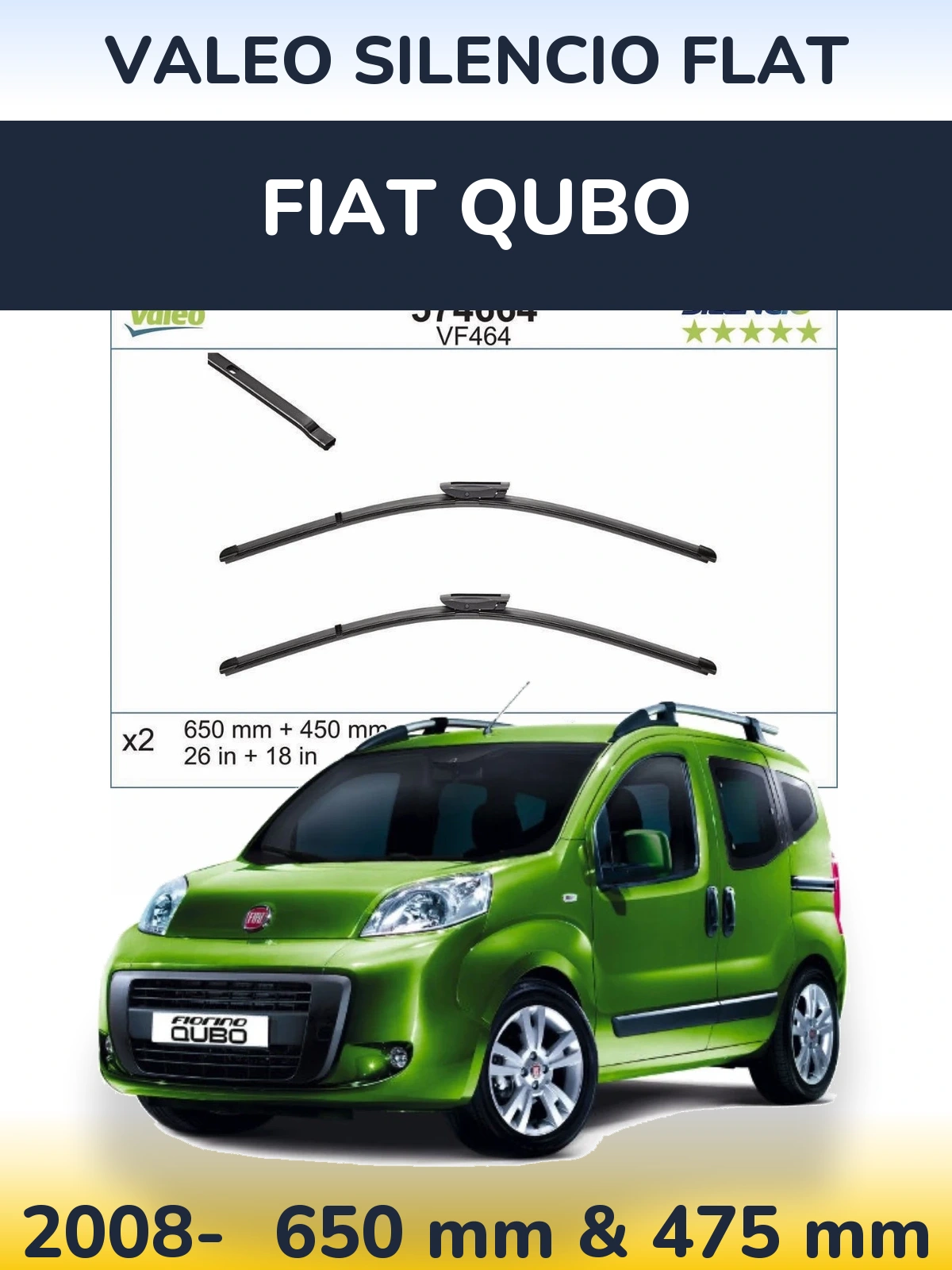 Front wiper blade set Valeo Silencio Flat 650 & 450 мм for Fiat Qubo 2008-2026