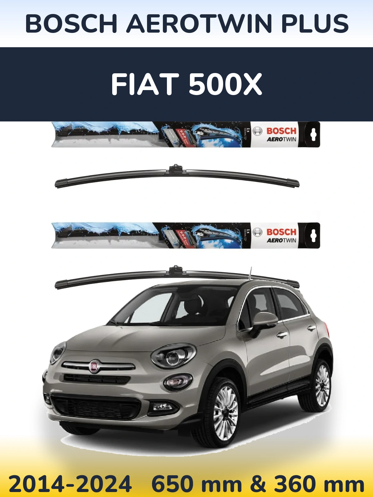 Front wiper blade set BOSCH AeroTwin Plus 650 & 350 mm for Fiat 500X 2014-2024