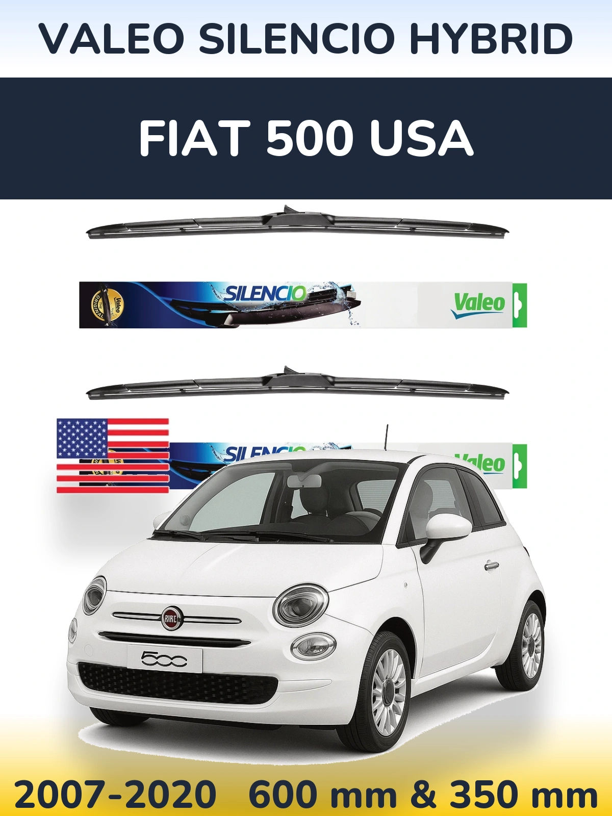 Комплект передних дворников Valeo Silencio Hybrid 600 & 350 мм для Fiat 500 USA 2007-2020
