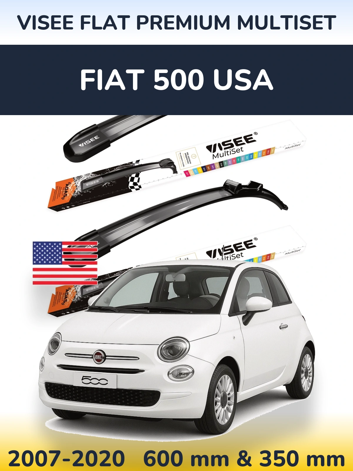 Комплект передніх щіток VISEE FLAT PREMIUM MultiSet 600 & 350 мм для Fiat 500 USA 2007-2020