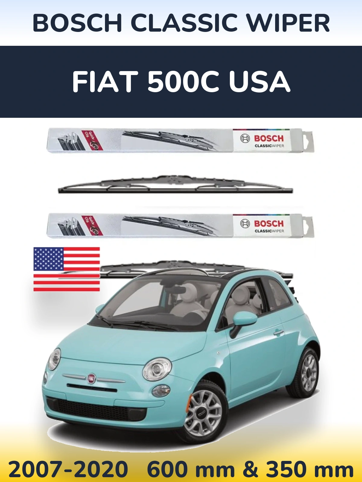 Комплект передних дворников BOSCH Classic Wiper 600 & 340 мм для Fiat 500C USA 2007-2020