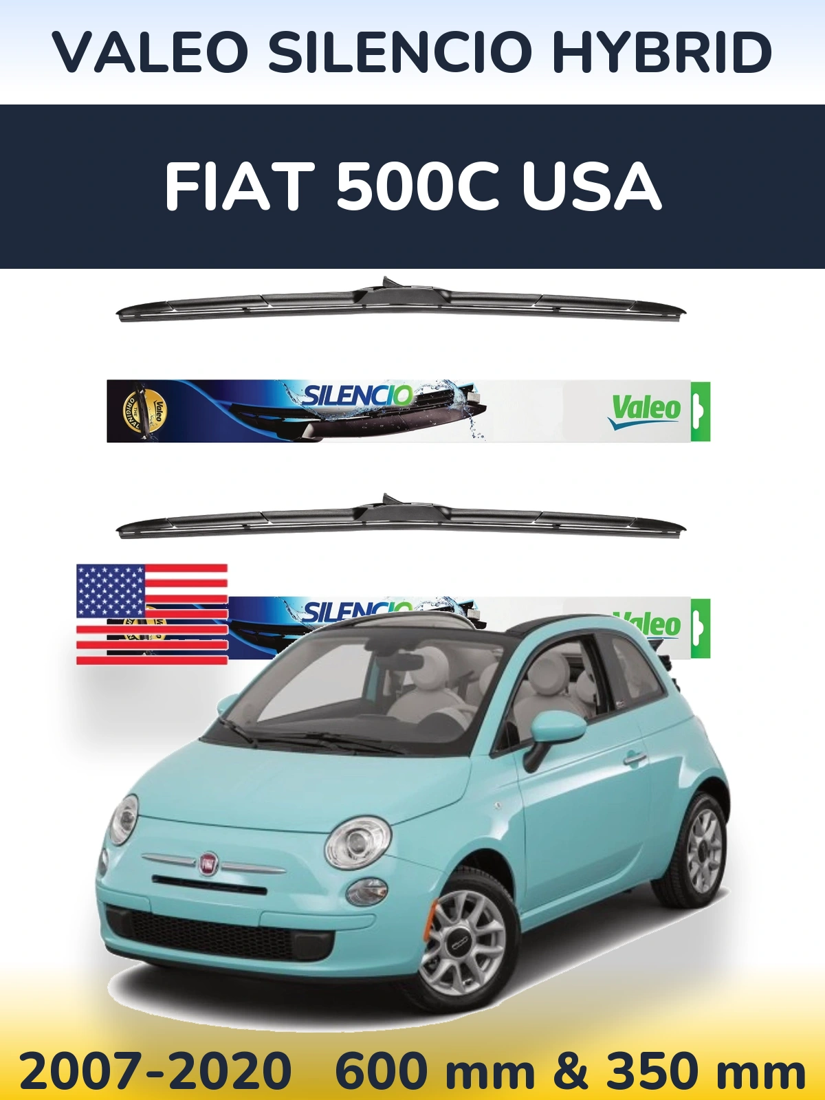 Комплект передних дворников Valeo Silencio Hybrid 600 & 350 мм для Fiat 500C USA 2007-2020
