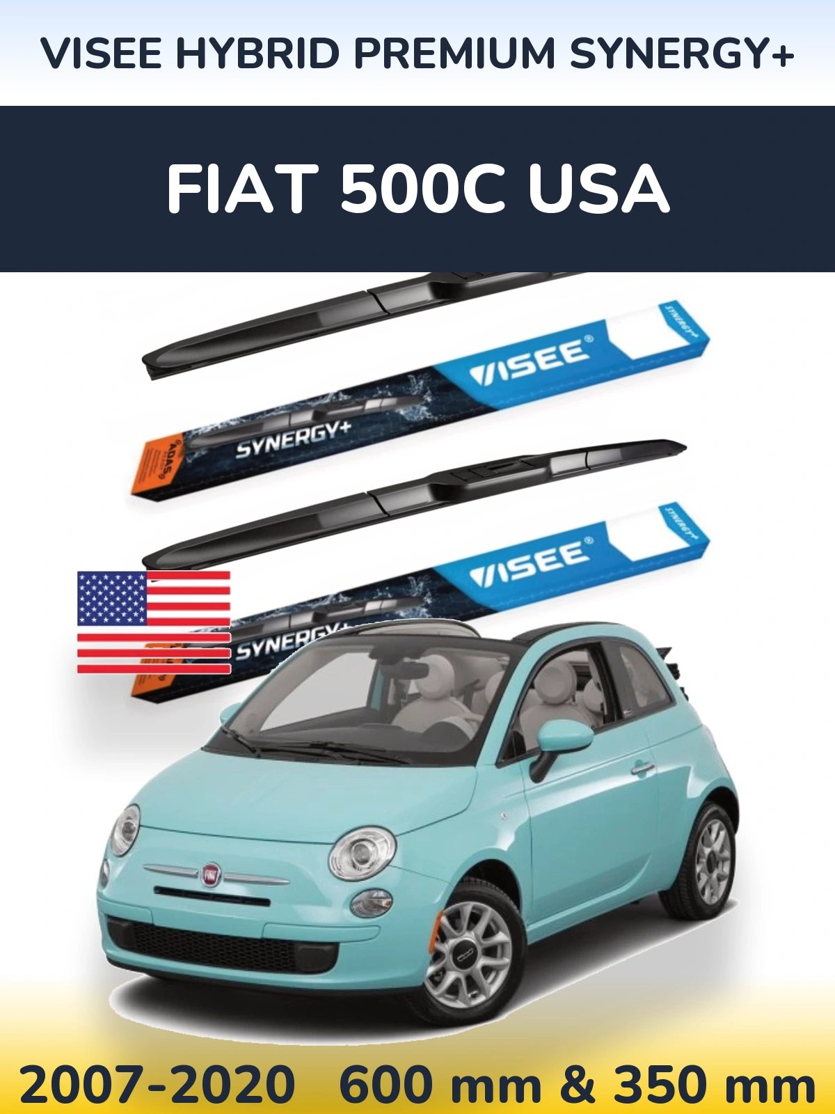Front wiper blade set VISEE HYBRID PREMIUM SYNERGY+ 600 & 350 mm for Fiat 500C USA 2007-2020