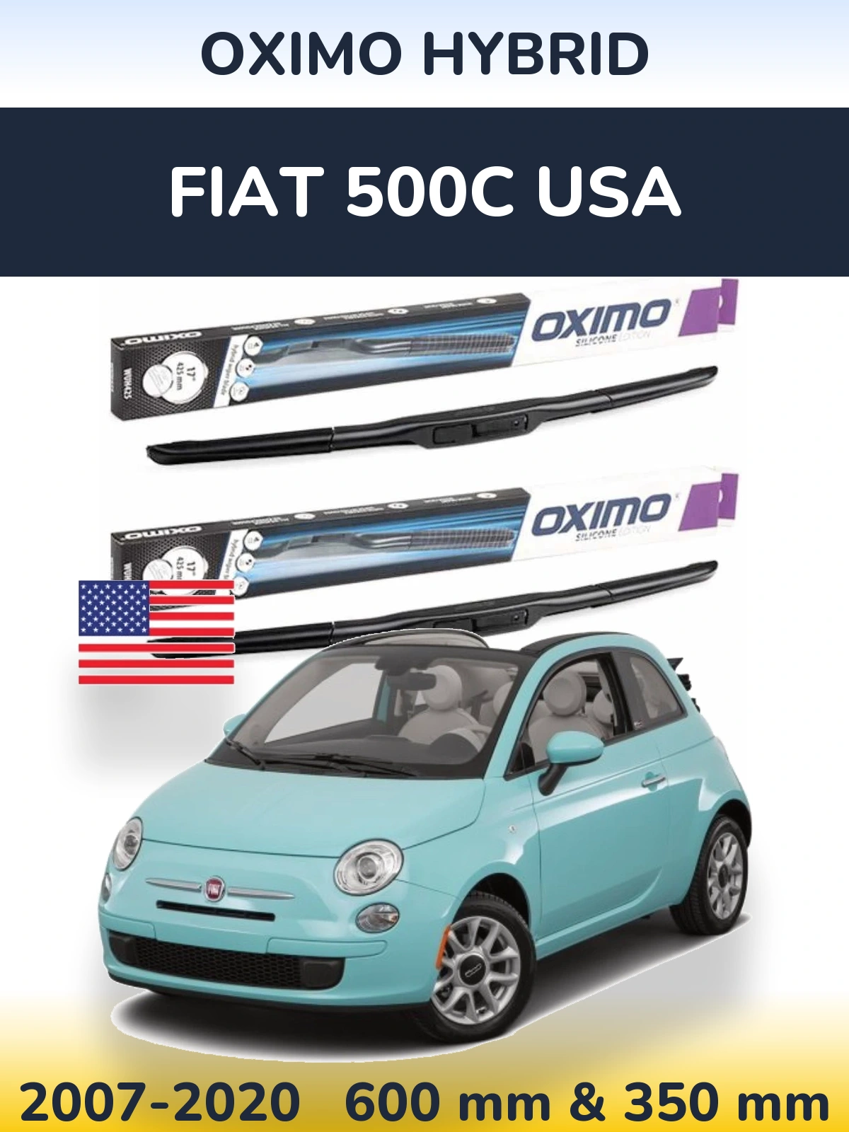 Комплект передних дворников Oximo Hybrid 600 & 350 мм для Fiat 500C USA 2007-2020