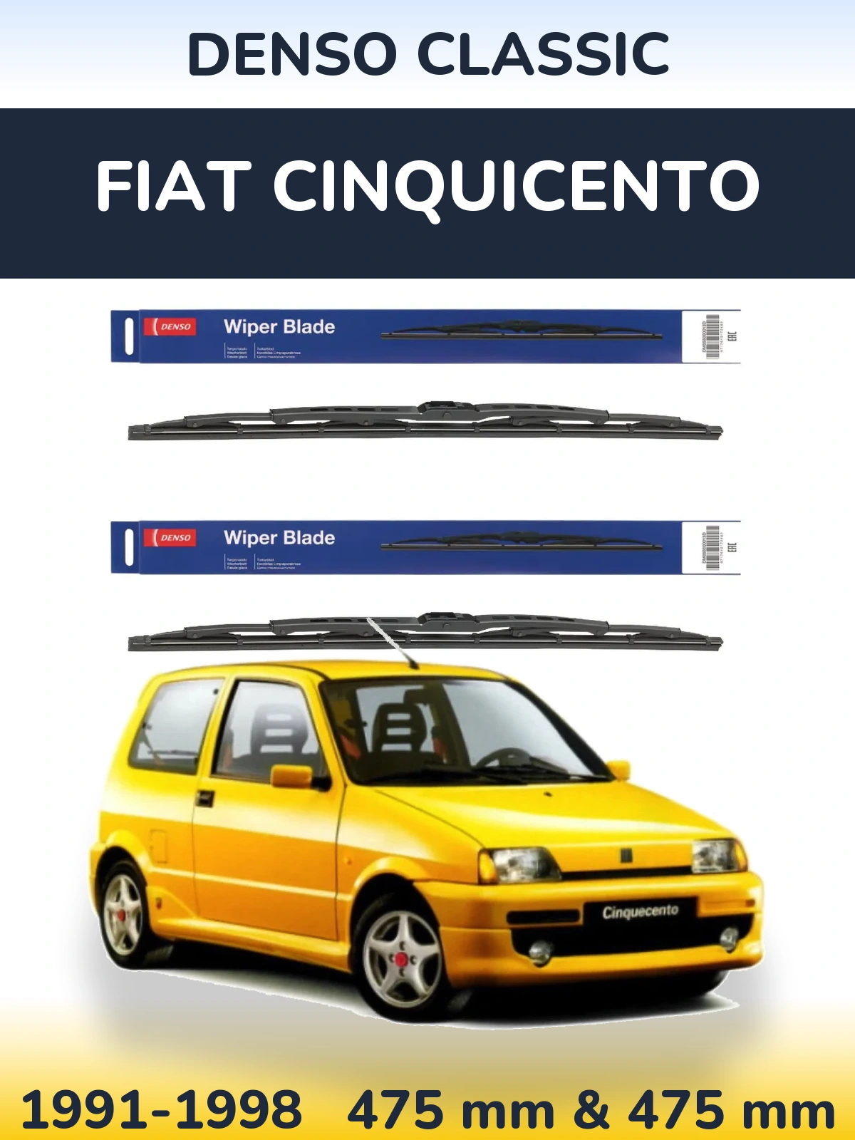 Front wiper blade set Denso Classic 475 & 475 mm for Fiat Cinquicento 1991-1998