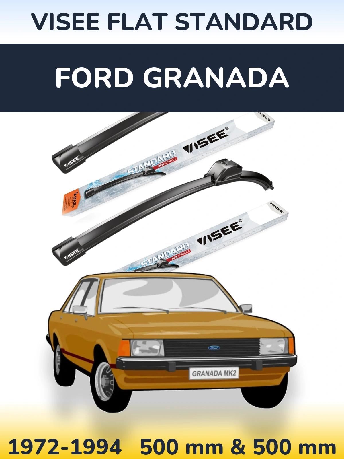 Комплект передних дворников VISEE FLAT STANDARD 500 & 500 мм для Ford Granada 1972-1994