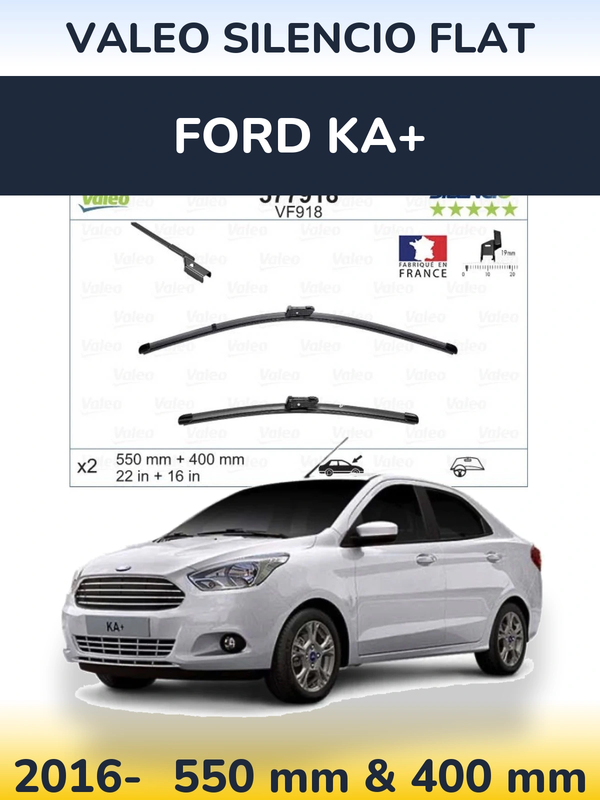 Komplet przednich wycieraczek Valeo Silencio Flat 550 & 400 mm do Ford Ka+ 2016-2026