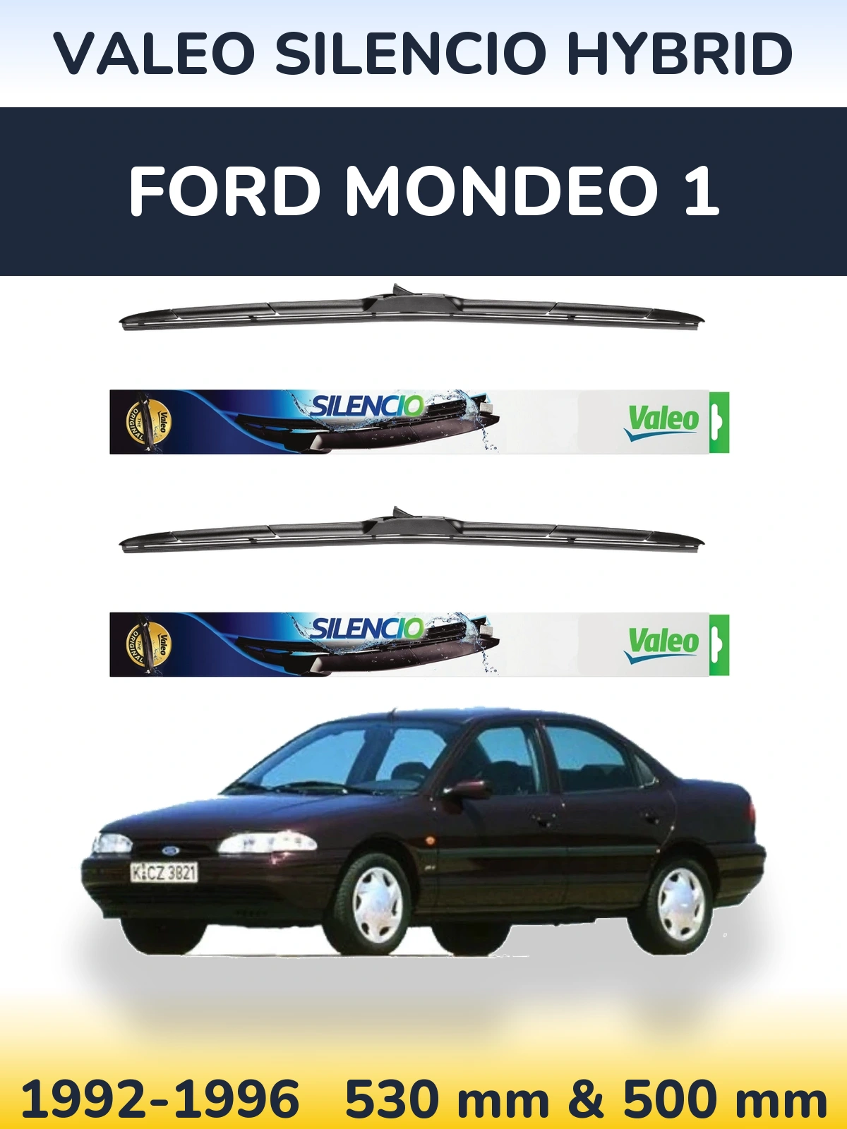 Front wiper blade set Valeo Silencio Hybrid 530 & 500 мм for Ford Mondeo 1 1992-1996