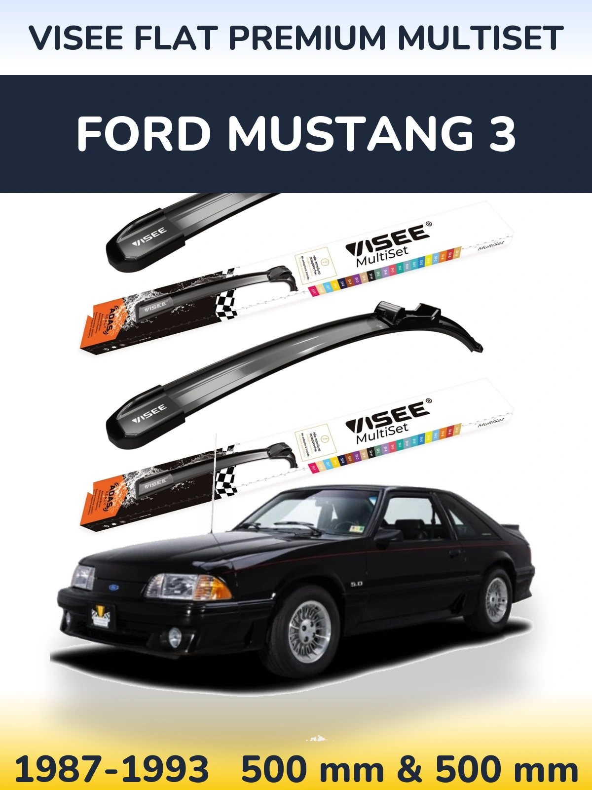 Front wiper blade set VISEE FLAT PREMIUM MultiSet 500 & 500 мм for Ford Mustang 3 1987-1993