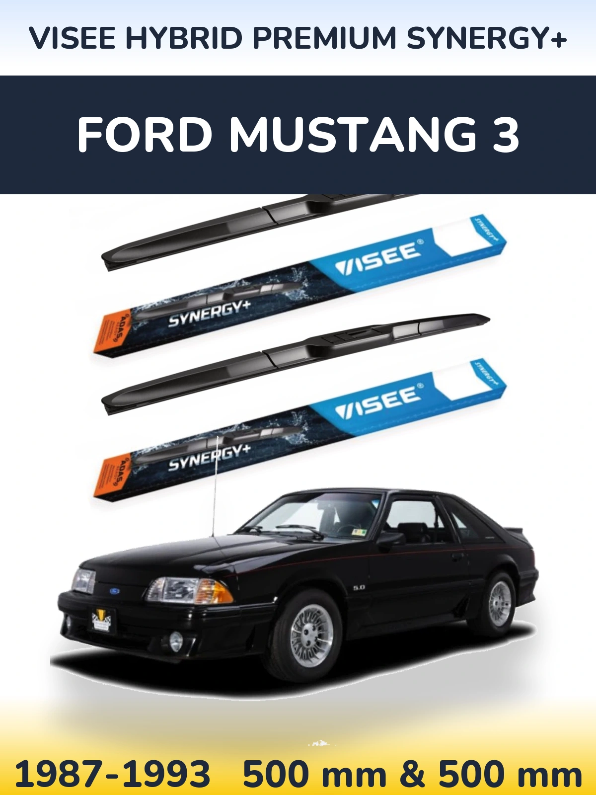 Комплект передних дворников VISEE HYBRID PREMIUM SYNERGY+ 500 & 500 мм для Ford Mustang 3 1987-1993
