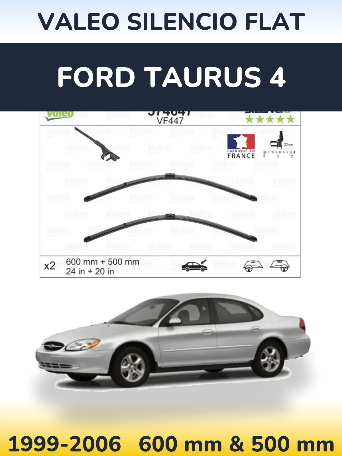 Komplet przednich wycieraczek Valeo Silencio Flat 600 & 500 mm do Ford Taurus 4 1999-2006