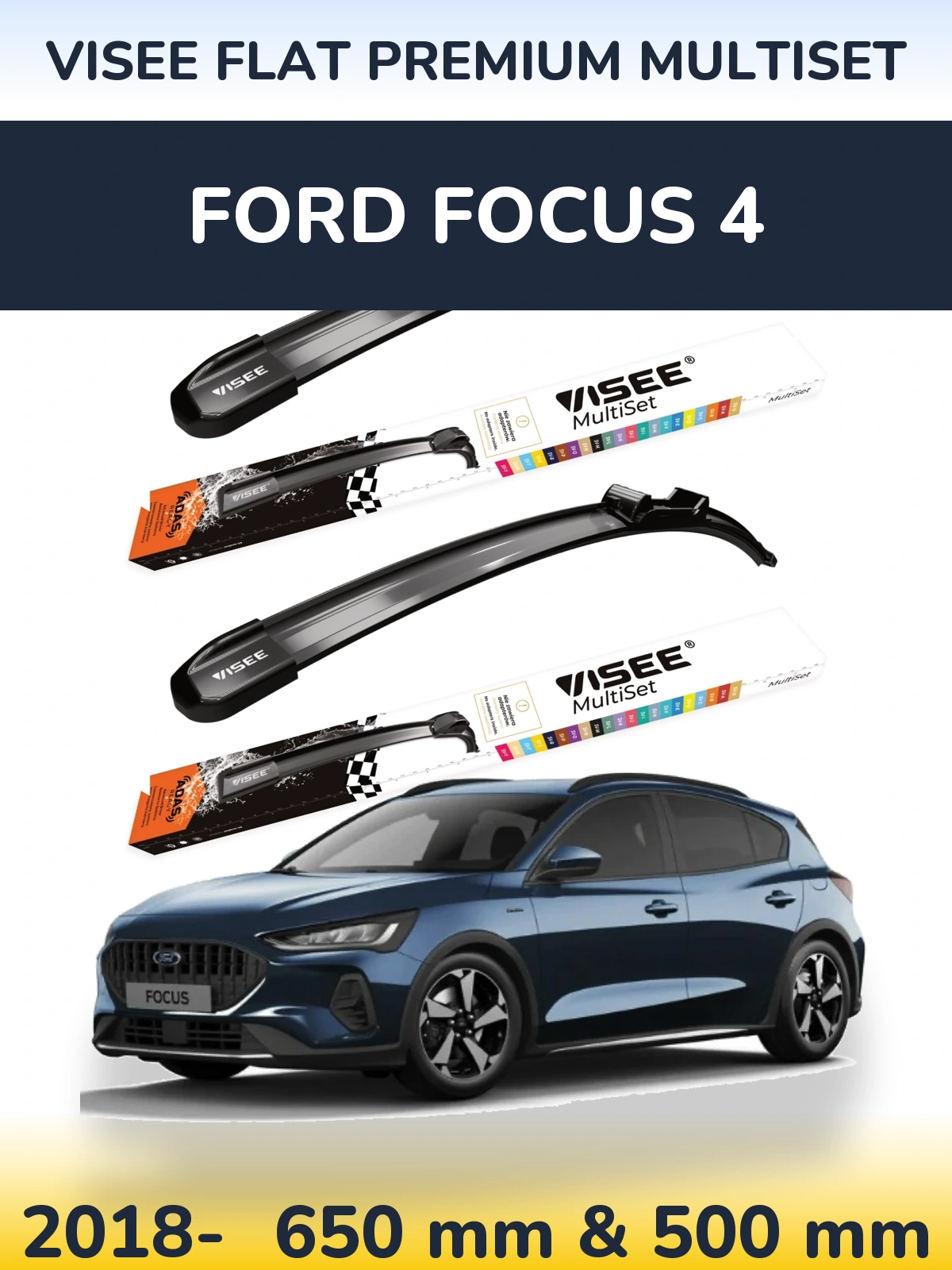 Front wiper blade set VISEE FLAT PREMIUM MultiSet 650 & 500 мм for Ford Focus 4 2018-2026