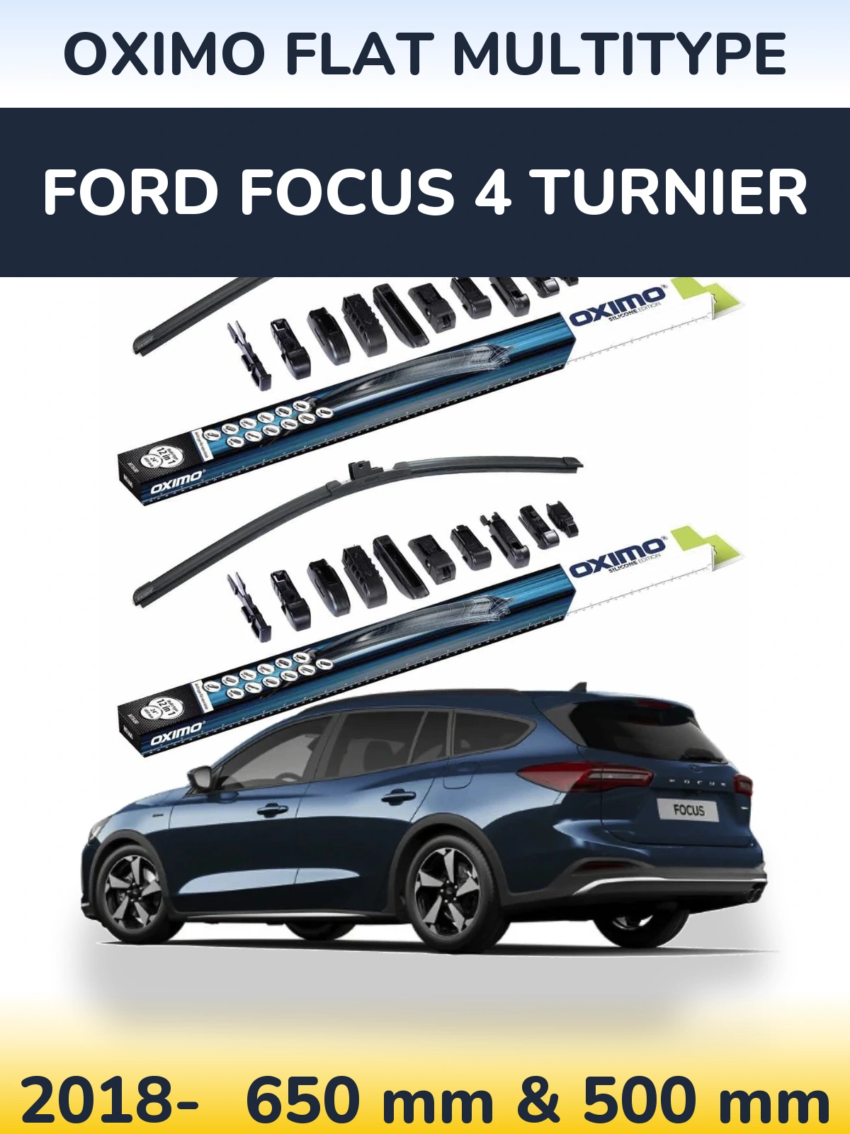 Front wiper blade set Oximo Flat MultiTypee 650 & 500 мм for Ford Focus 4 Turnier 2018-2026