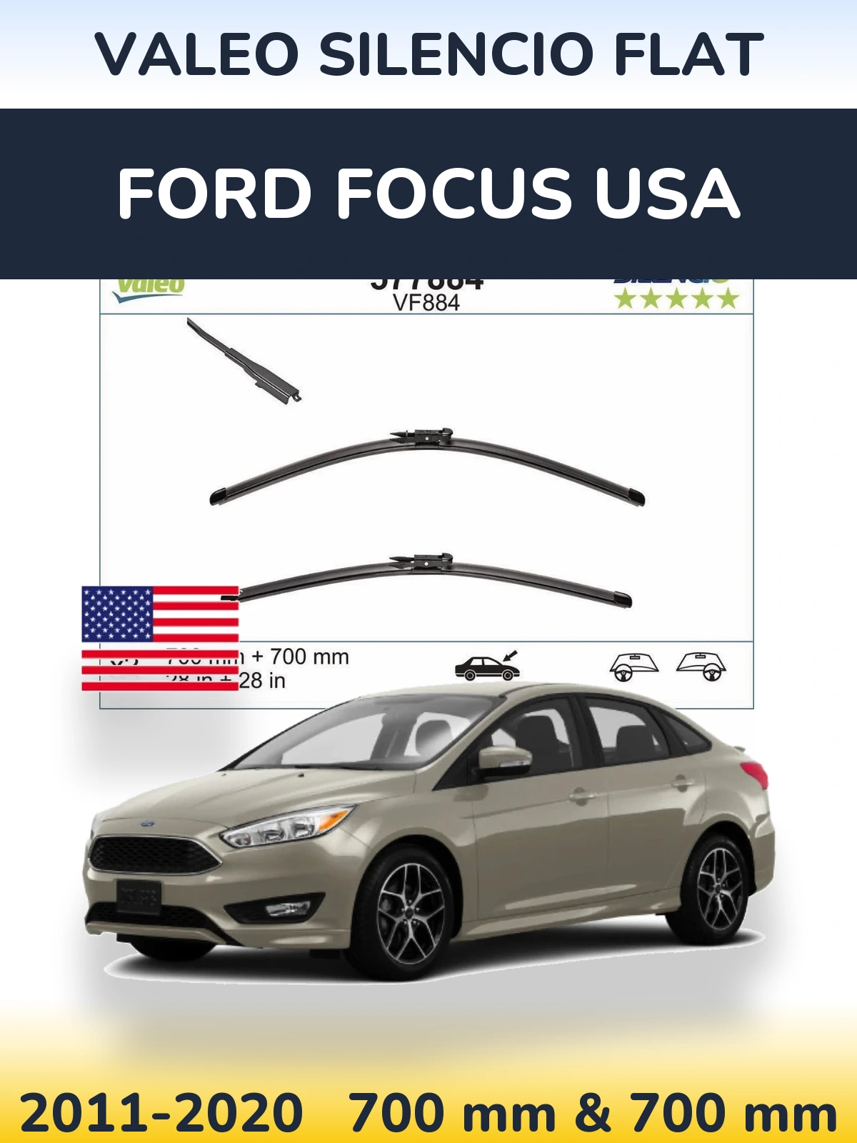 Komplet przednich wycieraczek Valeo Silencio Flat 700 & 700 mm do Ford Focus USA 2011-2020