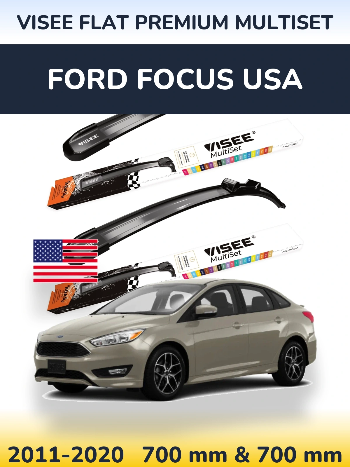 Front wiper blade set VISEE FLAT PREMIUM MultiSet 700 & 700 мм for Ford Focus USA 2011-2020