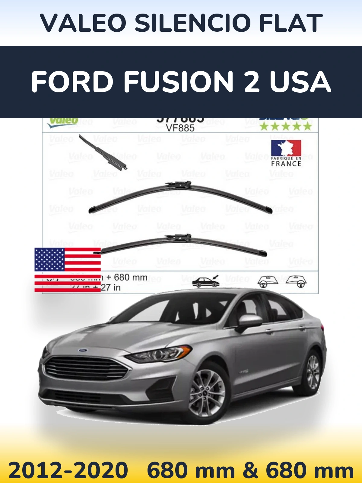 Komplet przednich wycieraczek Valeo Silencio Flat 680 & 680 mm do Ford Fusion 2 USA 2012-2020