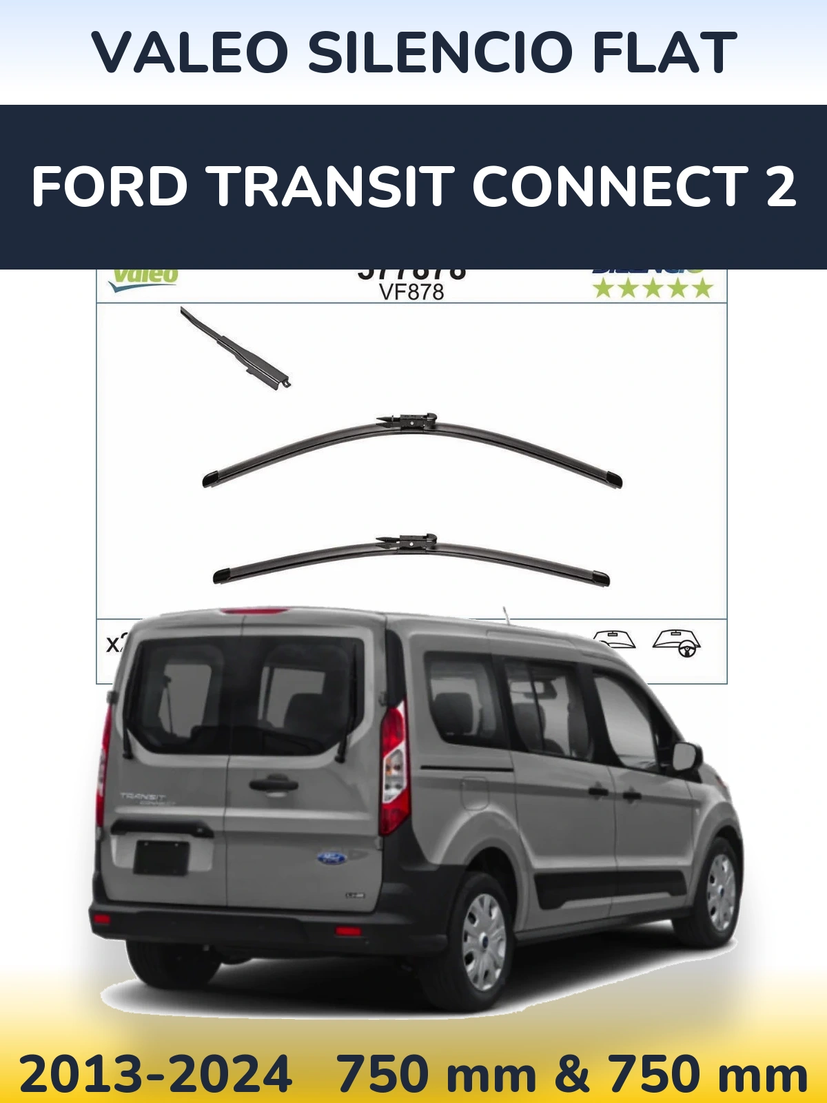 Front wiper blade set Valeo Silencio Flat 750 & 750 мм for Ford Transit Connect 2 2013-2024