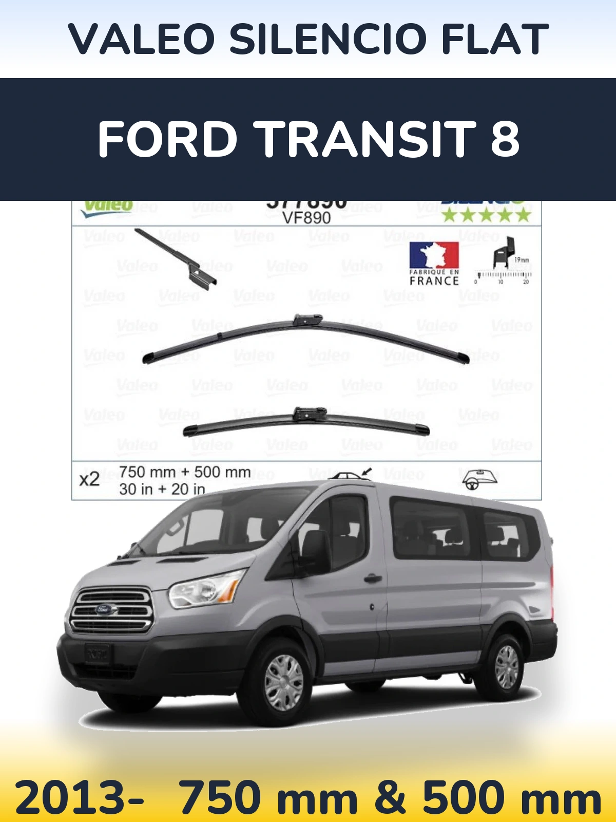 Front wiper blade set Valeo Silencio Flat 750 & 500 мм for Ford Transit 8 2013-2026