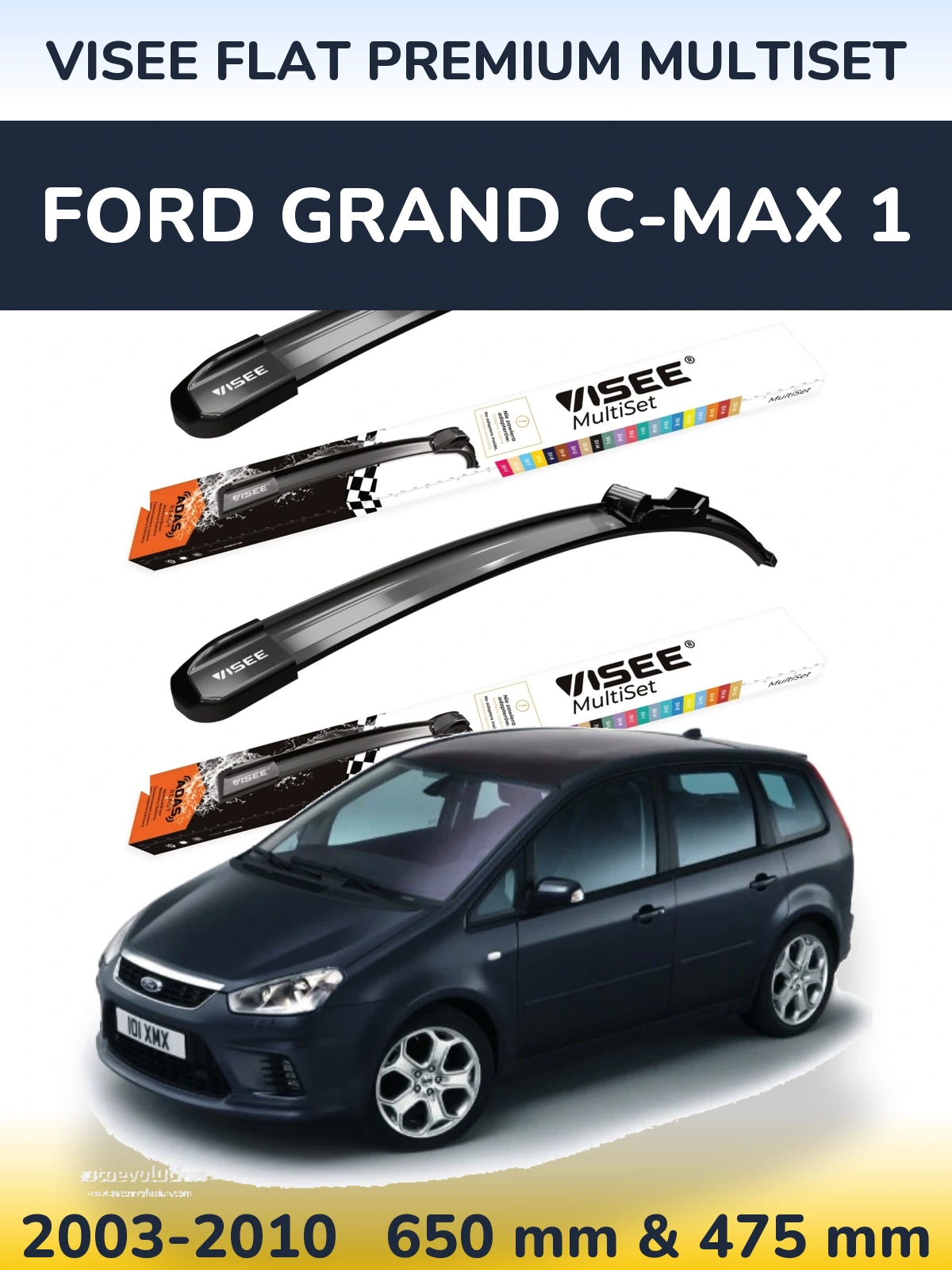 Front wiper blade set VISEE FLAT PREMIUM MultiSet 650 & 475 мм for Ford Grand C-MAX 1 2003-2010