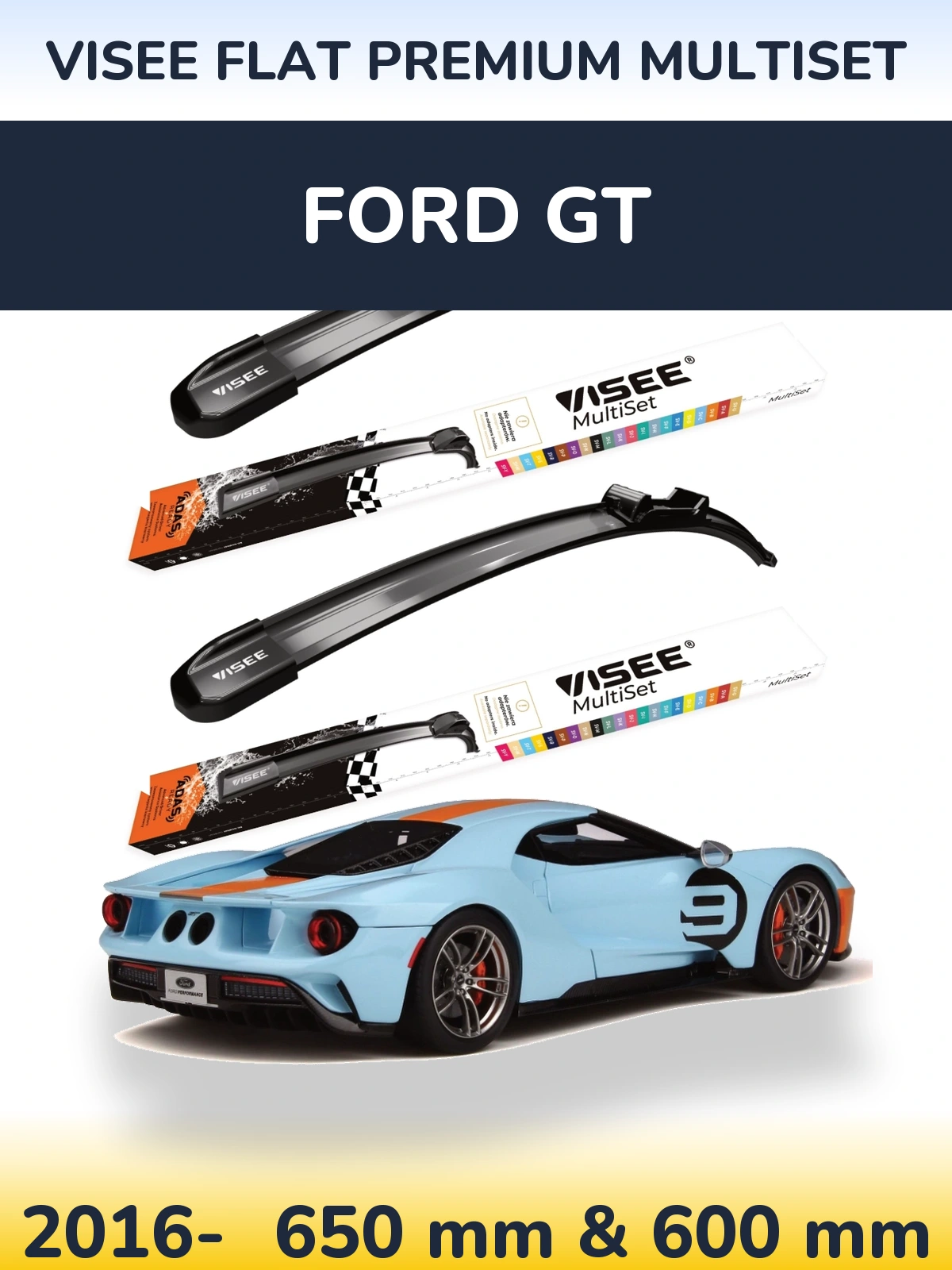 Front wiper blade set VISEE FLAT PREMIUM MultiSet 650 & 600 мм for Ford GT 2016-2026