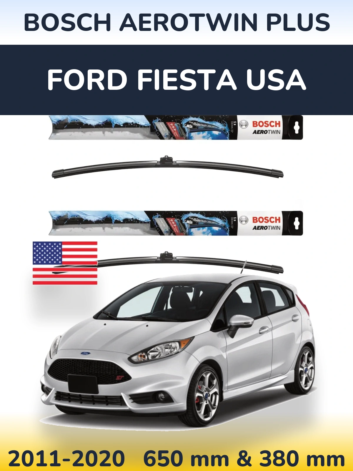 Komplet przednich wycieraczek BOSCH AeroTwin Plus 650 & 380 mm do Ford Fiesta USA 2011-2020