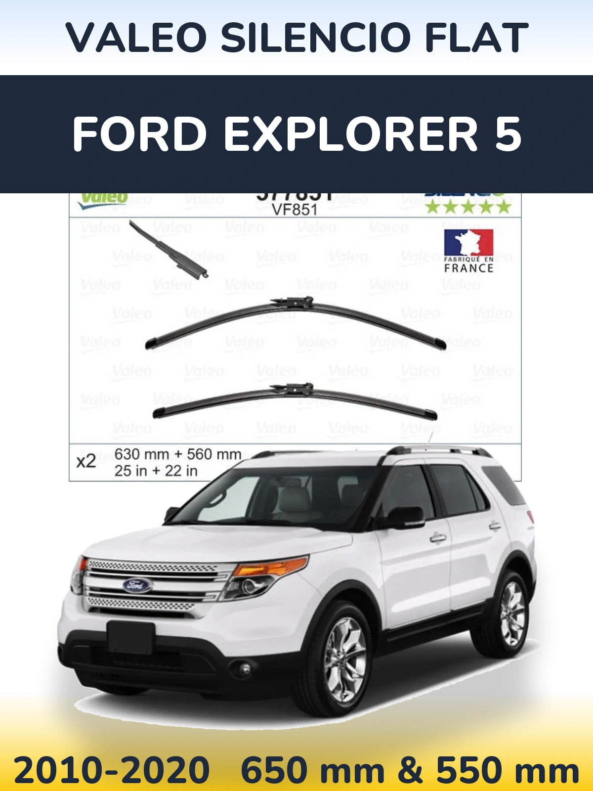 Комплект передних дворников Valeo Silencio Flat 630 & 560 мм для Ford Explorer 5 2010-2020