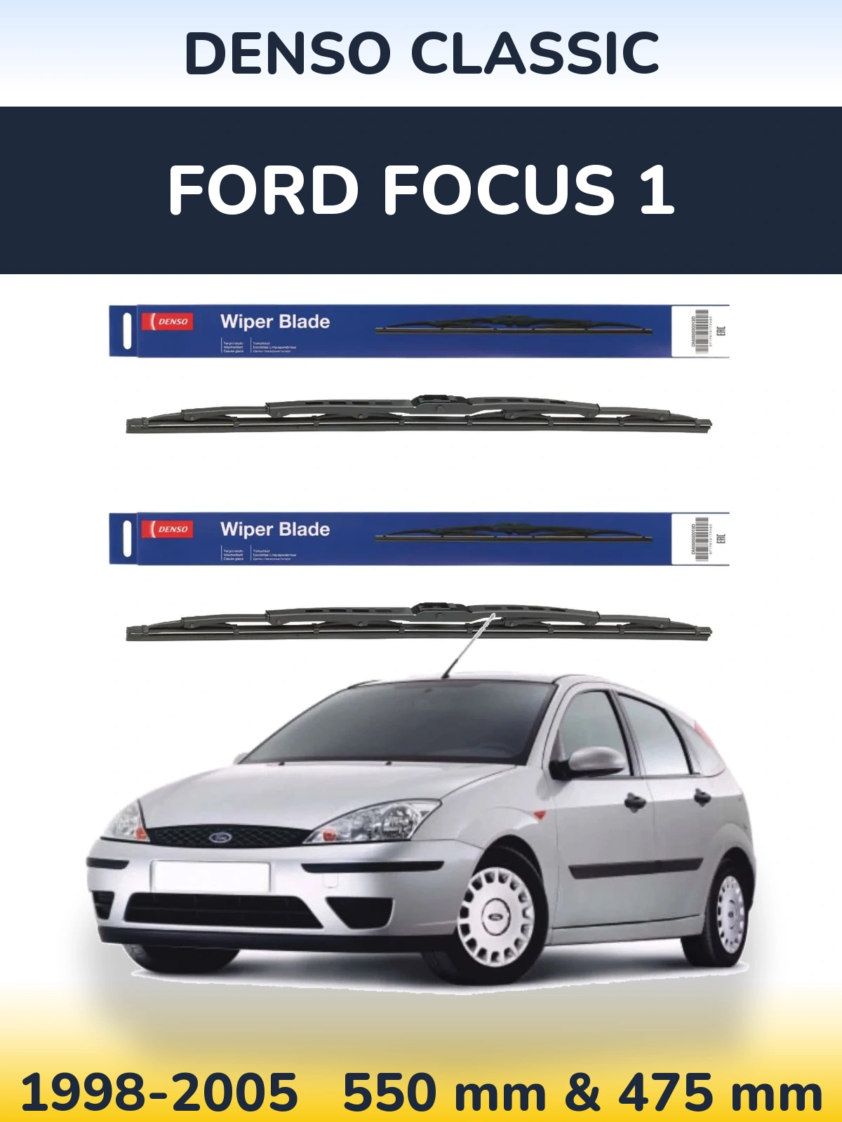 Front wiper blade set Denso Classic 550 & 475 mm for Ford Focus 1 1998-2005