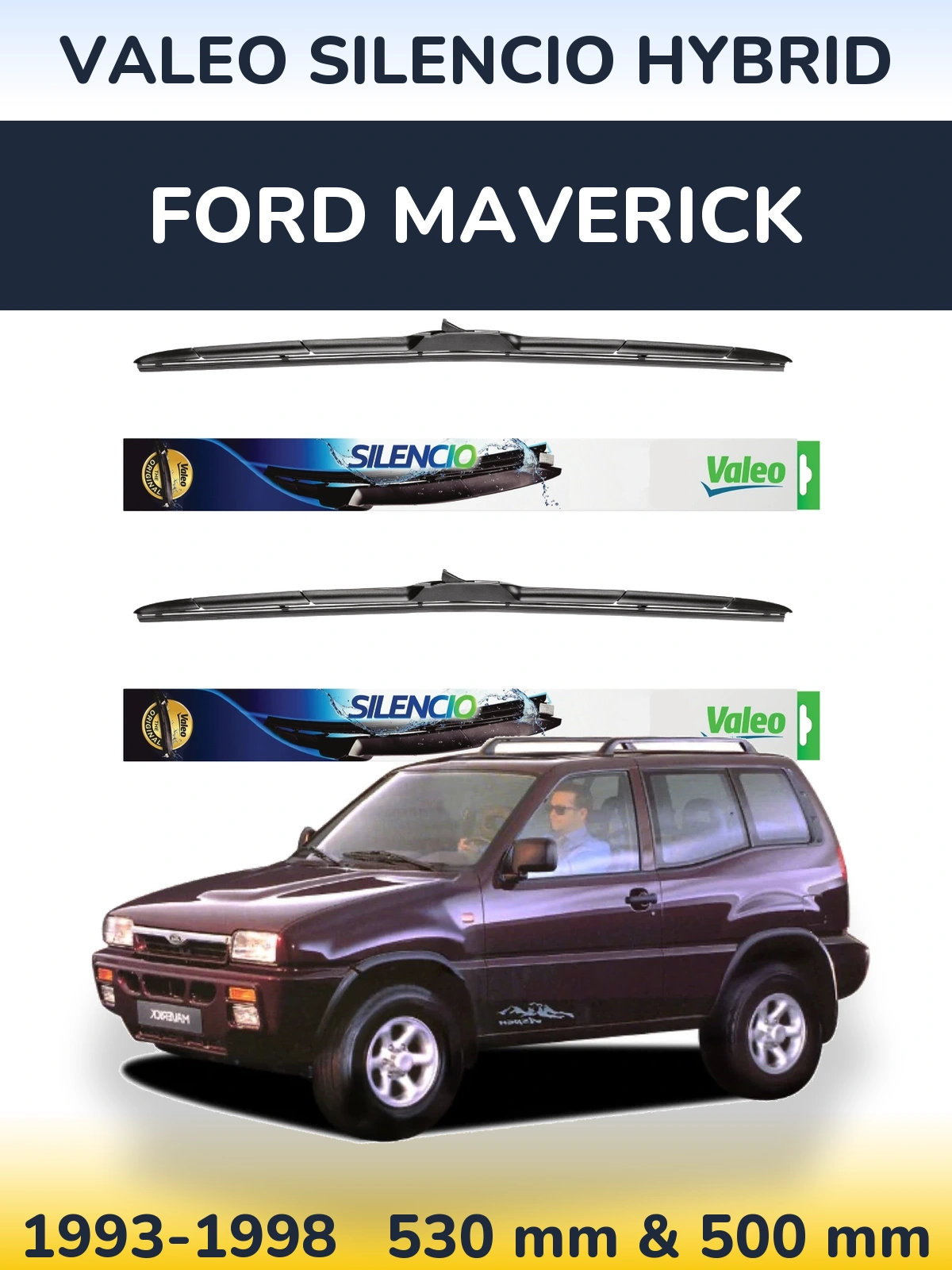 Front wiper blade set Valeo Silencio Hybrid 530 & 500 мм for Ford Maverick 1993-1998