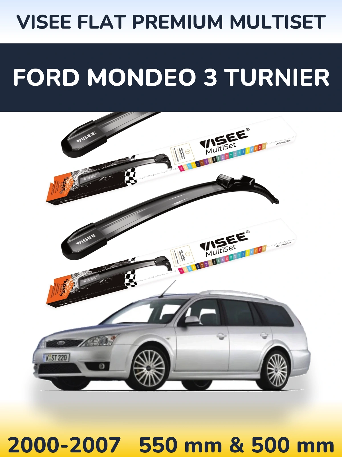 Front wiper blade set VISEE FLAT PREMIUM MultiSet 550 & 500 мм for Ford Mondeo 3 Turnier 2000-2007