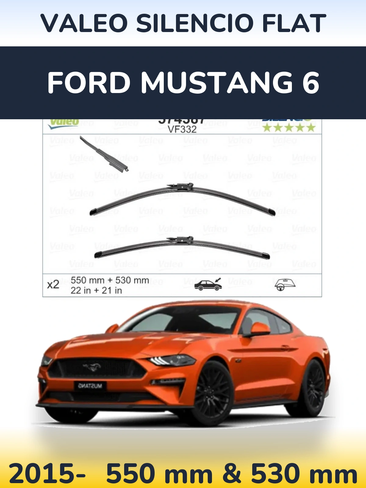 Front wiper blade set Valeo Silencio Flat 550 & 530 мм for Ford Mustang 6 2015-2026
