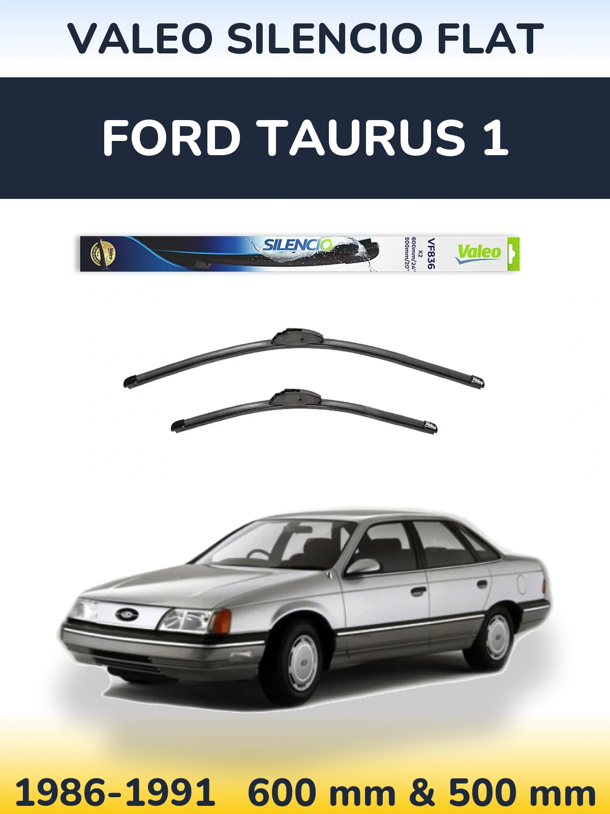 Front wiper blade set Valeo Silencio Flat 600 & 500 mm for Ford Taurus 1 1986-1991