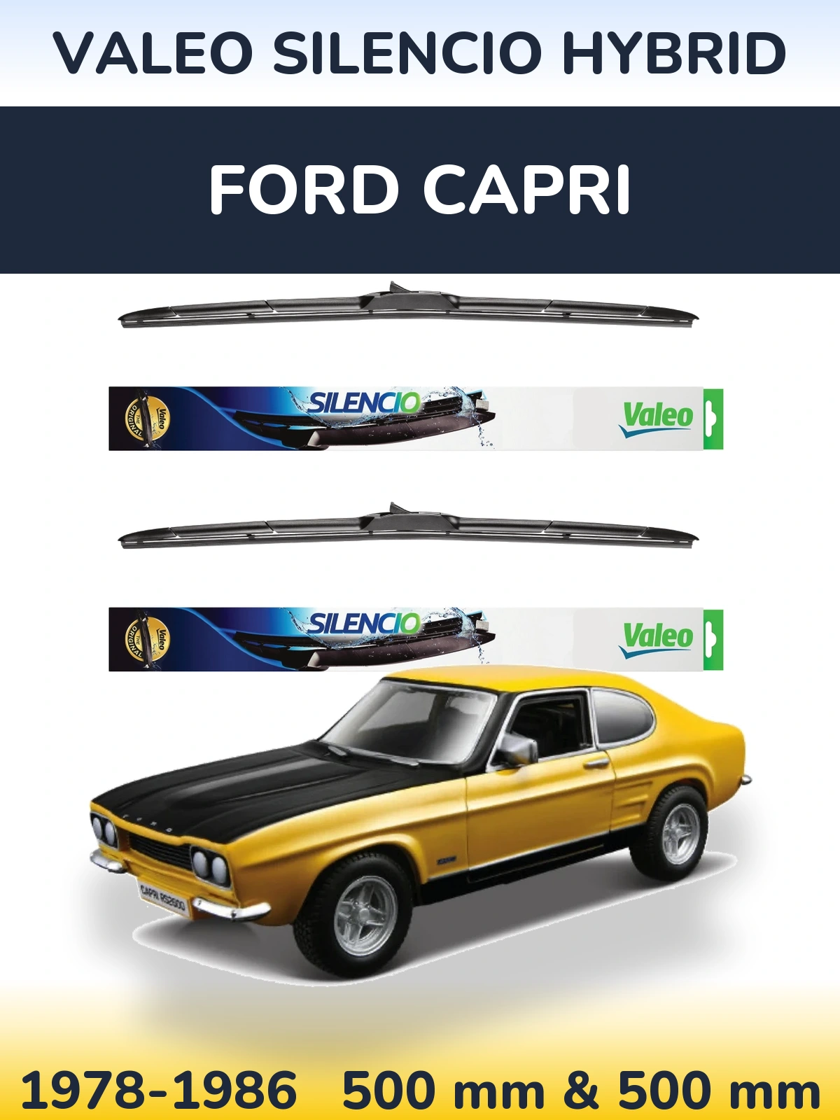 Front wiper blade set Valeo Silencio Hybrid 500 & 500 мм for Ford Capri 1978-1986