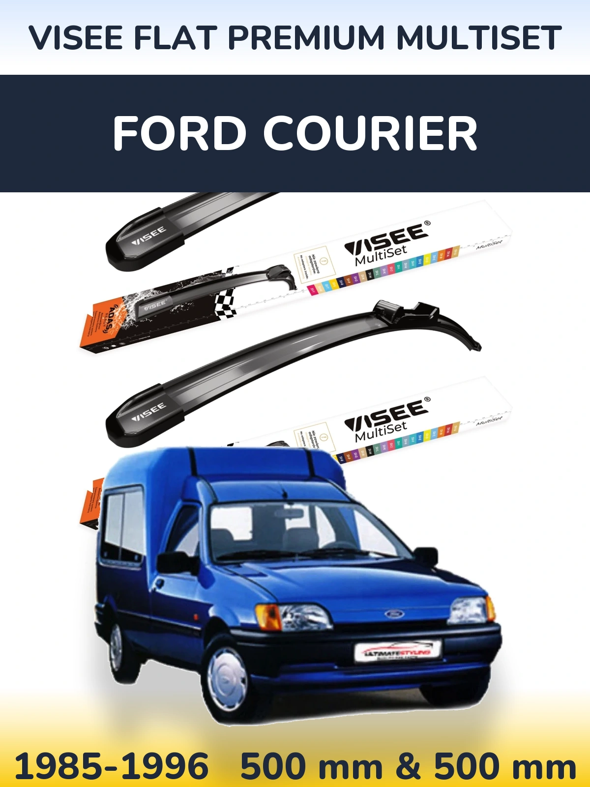 Front wiper blade set VISEE FLAT PREMIUM MultiSet 500 & 500 mm for Ford Courier 1985-1996