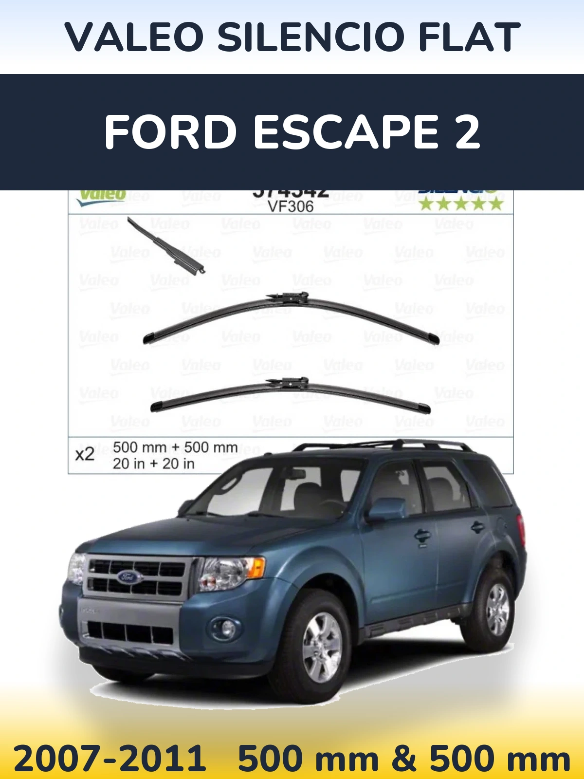Front wiper blade set Valeo Silencio Flat 500 & 500 мм for Ford Escape 2 2007-2011
