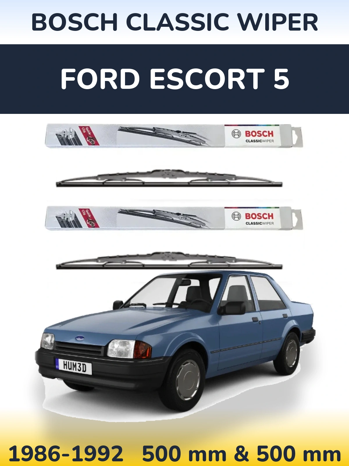 Front wiper blade set BOSCH Classic Wiper 500 & 500 mm for Ford Escort 5 1986-1992