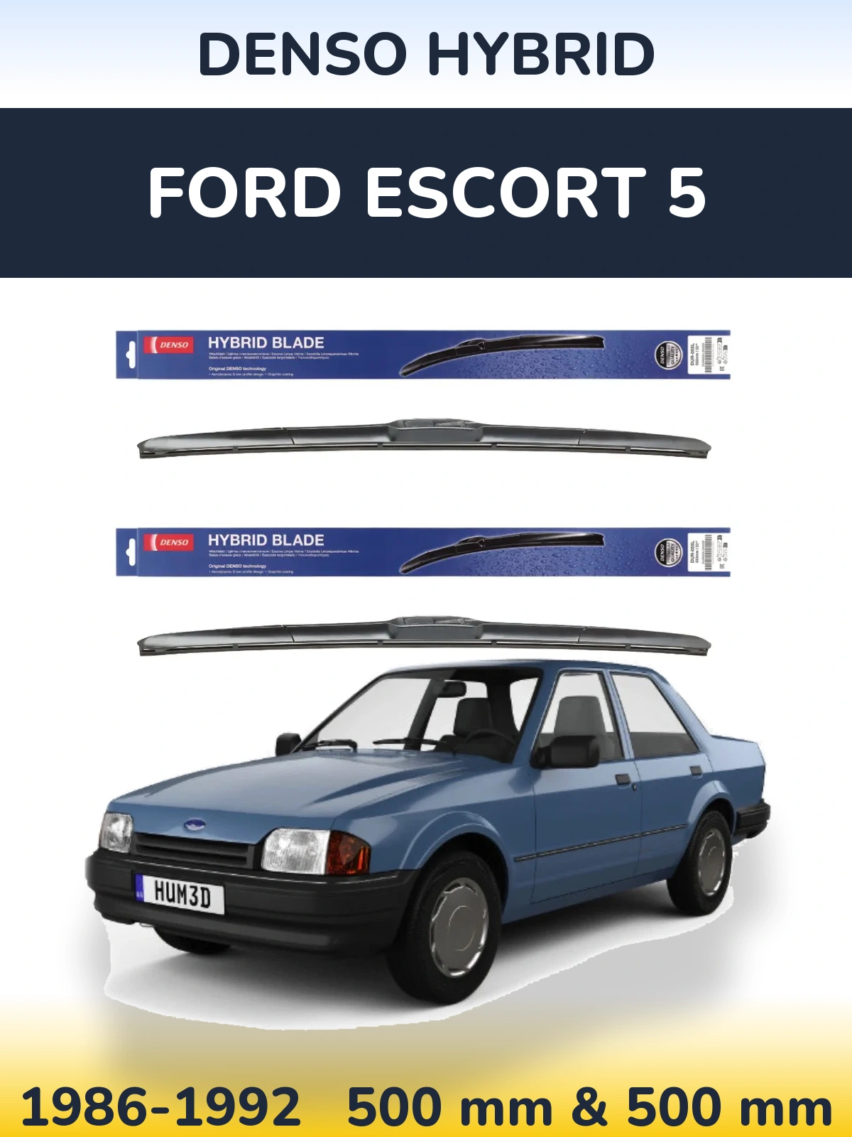 Front wiper blade set Denso Hybrid 500 & 500 mm for Ford Escort 5 1986-1992