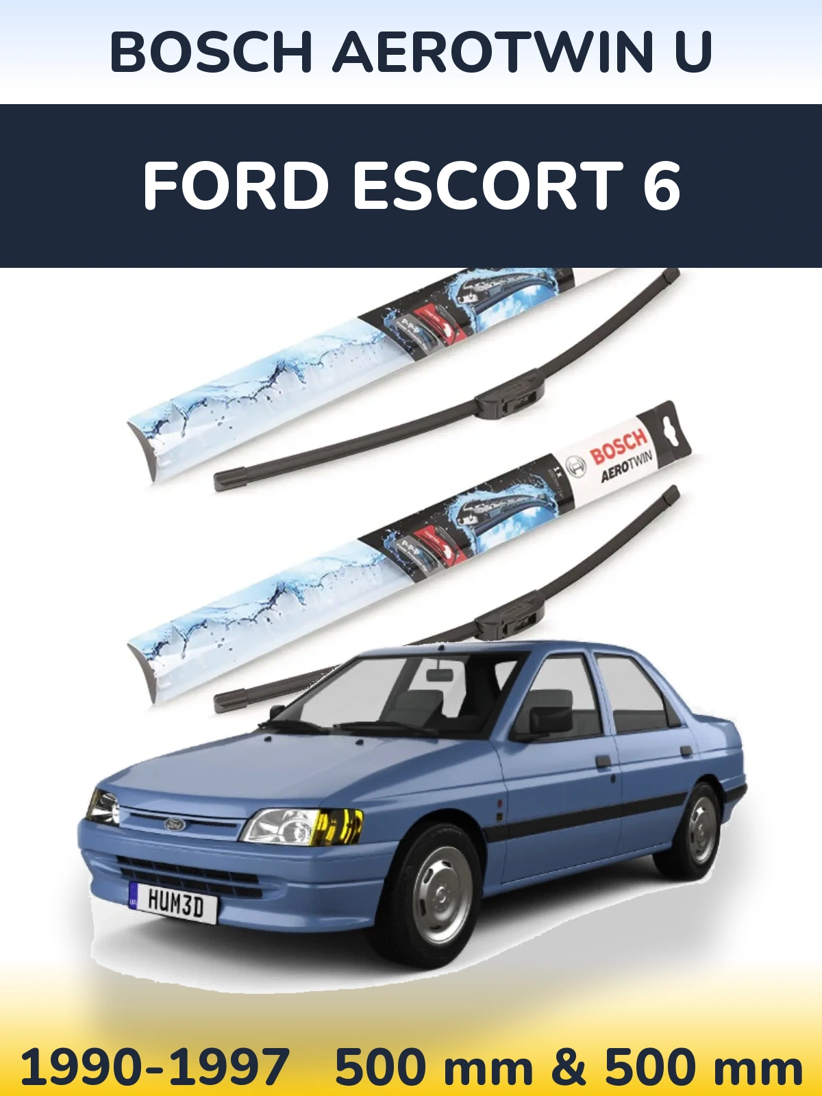 Front wiper blade set BOSCH AeroTwin U 500 & 500 мм for Ford Escort 6 1990-1997