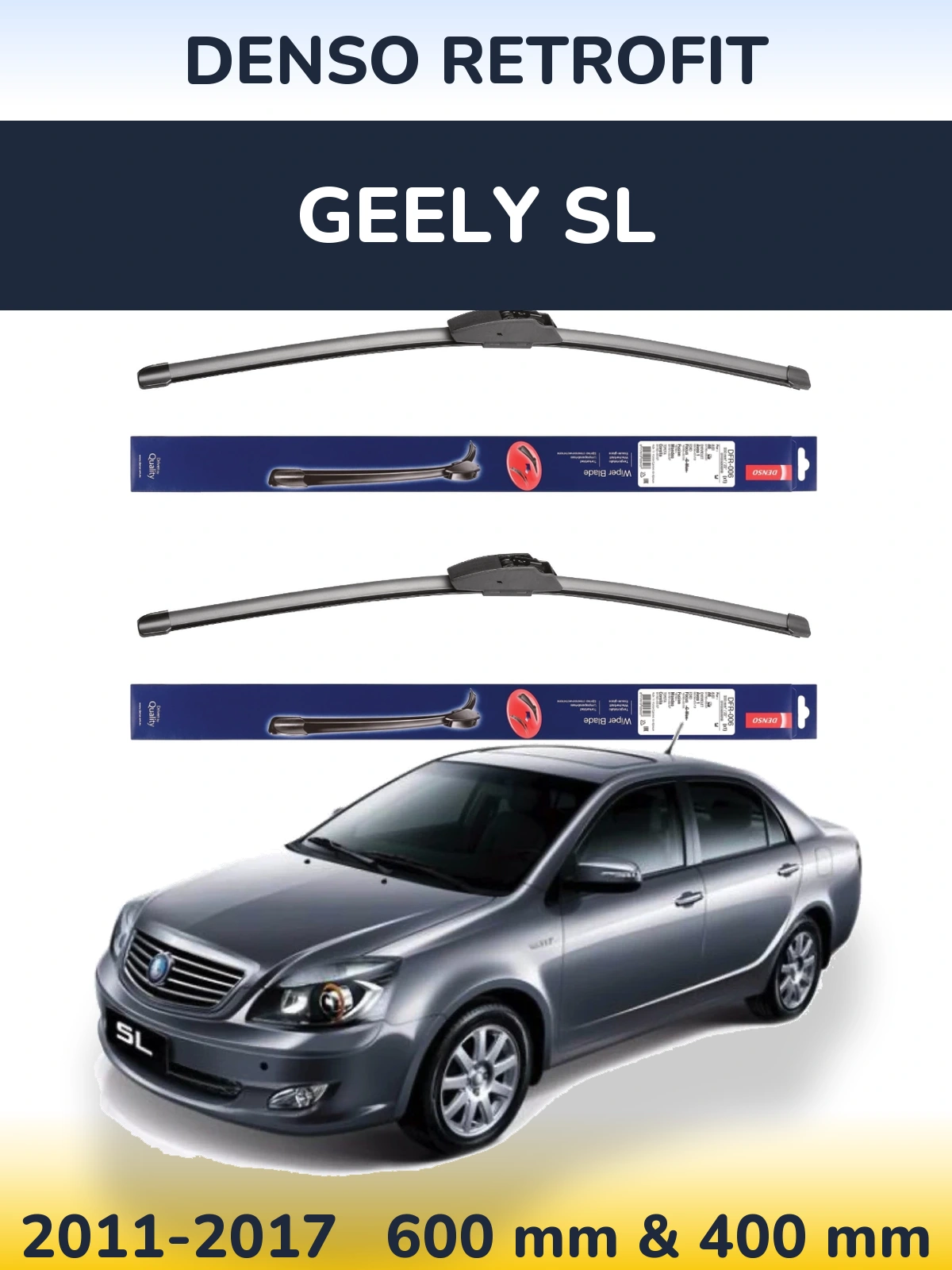 Front wiper blade set Denso Retrofit 600 & 400 mm for Geely SL 2011-2017