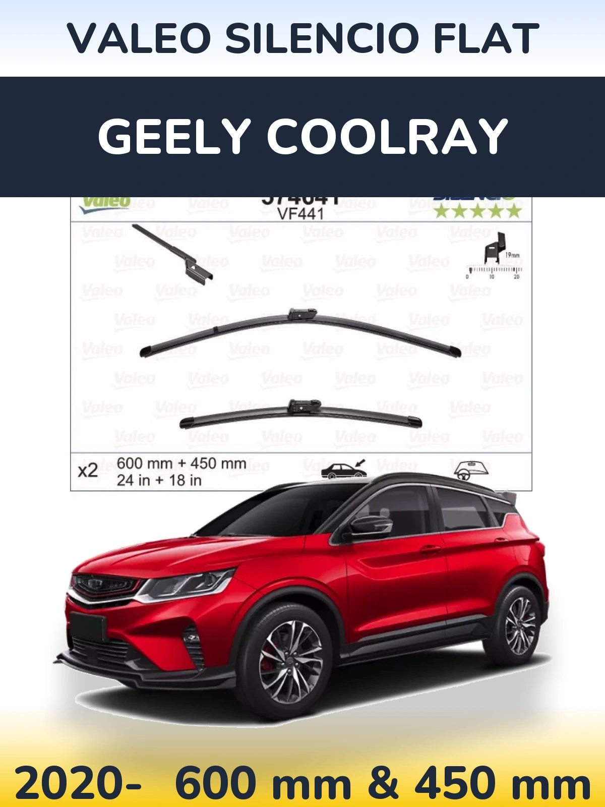 Front wiper blade set Valeo Silencio Flat 600 & 450 мм for Geely Coolray 2020-2026