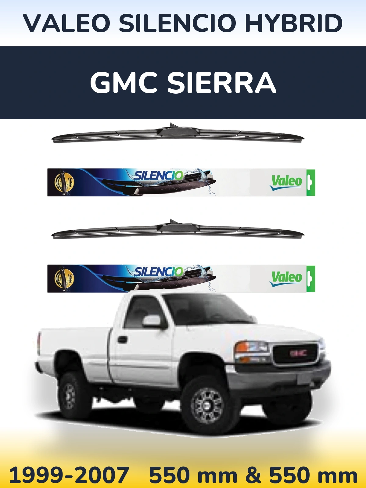 Front wiper blade set Valeo Silencio Hybrid 550 & 550 mm for GMC Sierra 1999-2007